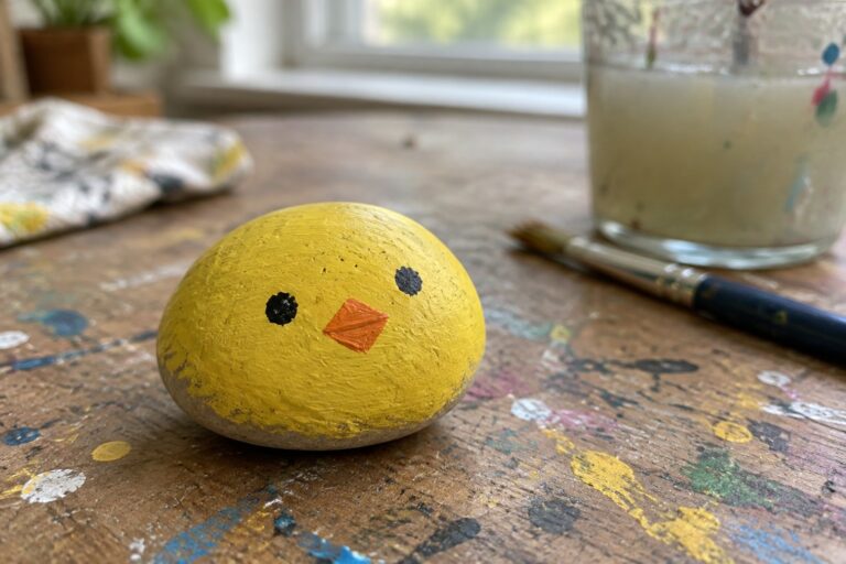 Yellow painted rock chick with orange beak on paint-splattered wooden table