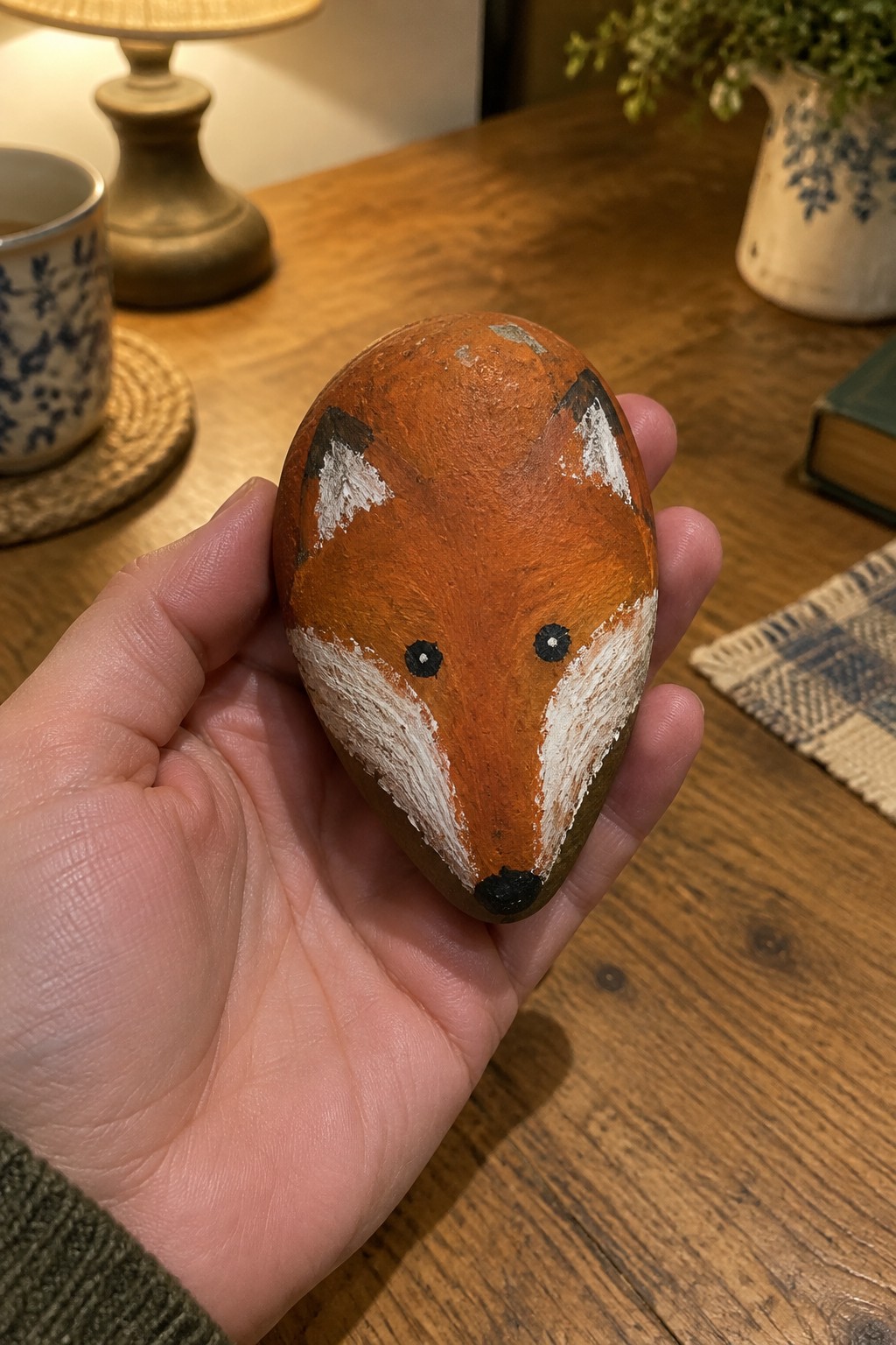 Hand holding orange painted fox rock with white muzzle on wooden table