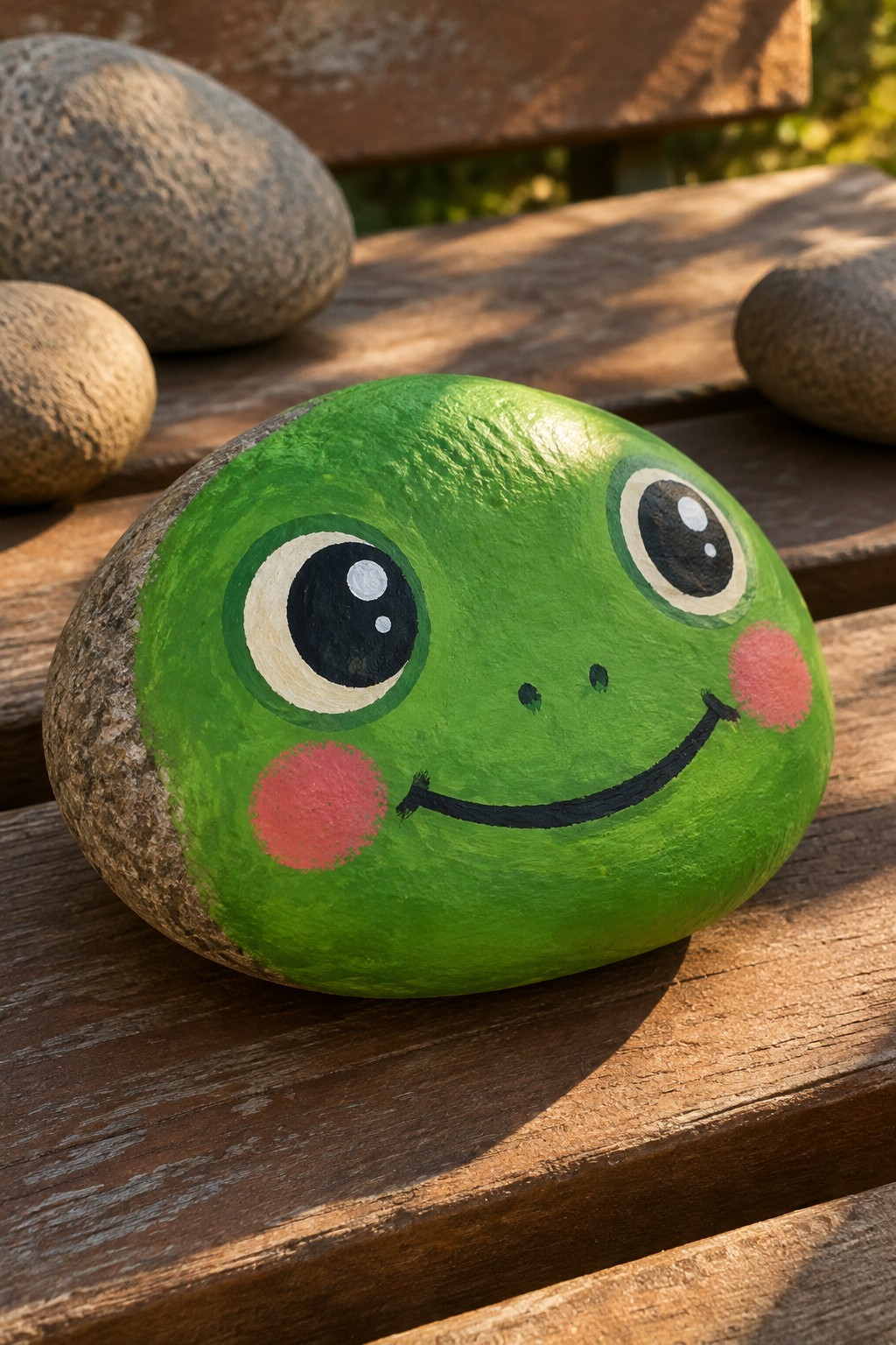 Green frog rock with big eyes, pink cheeks, and smile on wooden bench