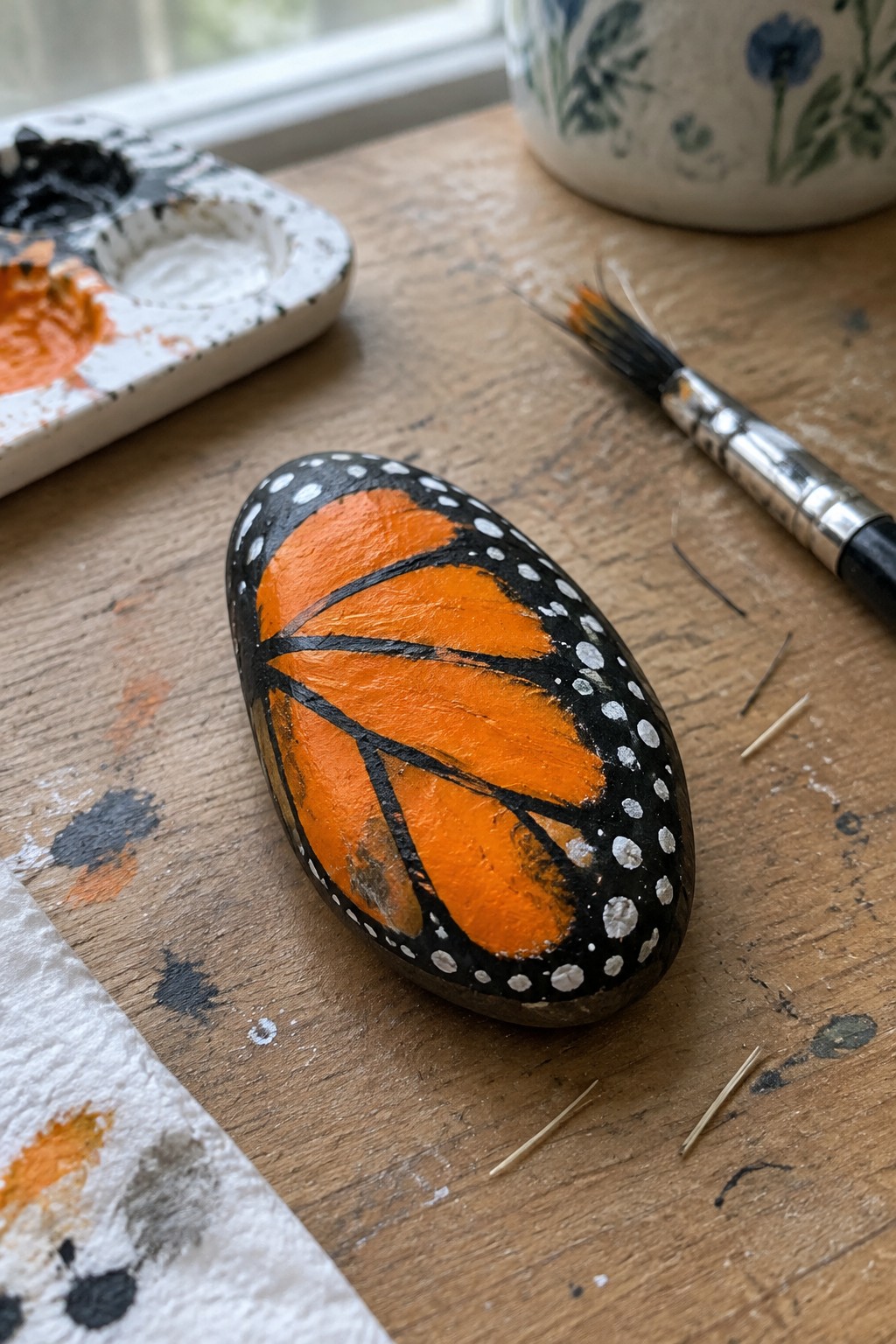 Painted rock with orange monarch butterfly wing on wooden table with supplies