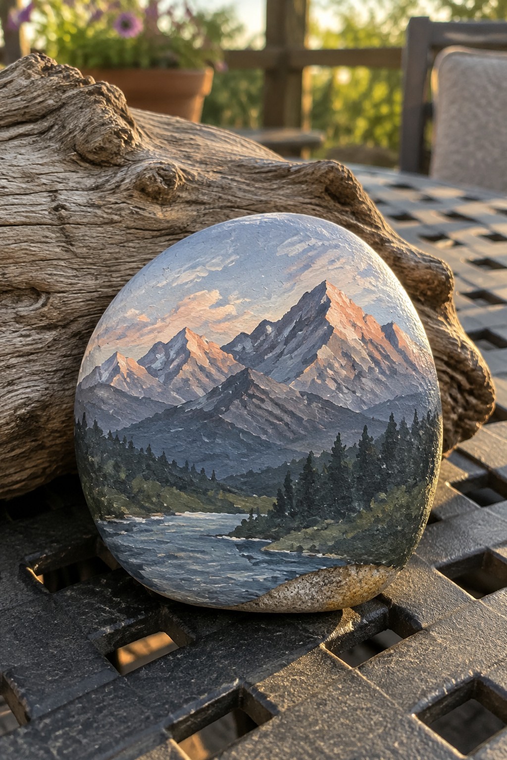 Painted stone with mountain peaks, pine forest, and river on metal table beside driftwood