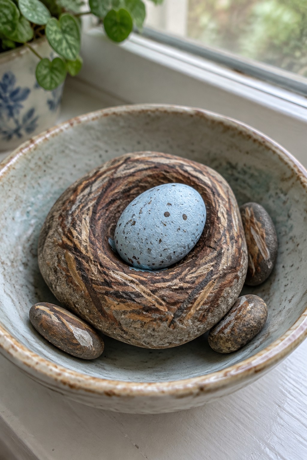 Blue speckled egg in wooden nest inside ceramic bowl with stones