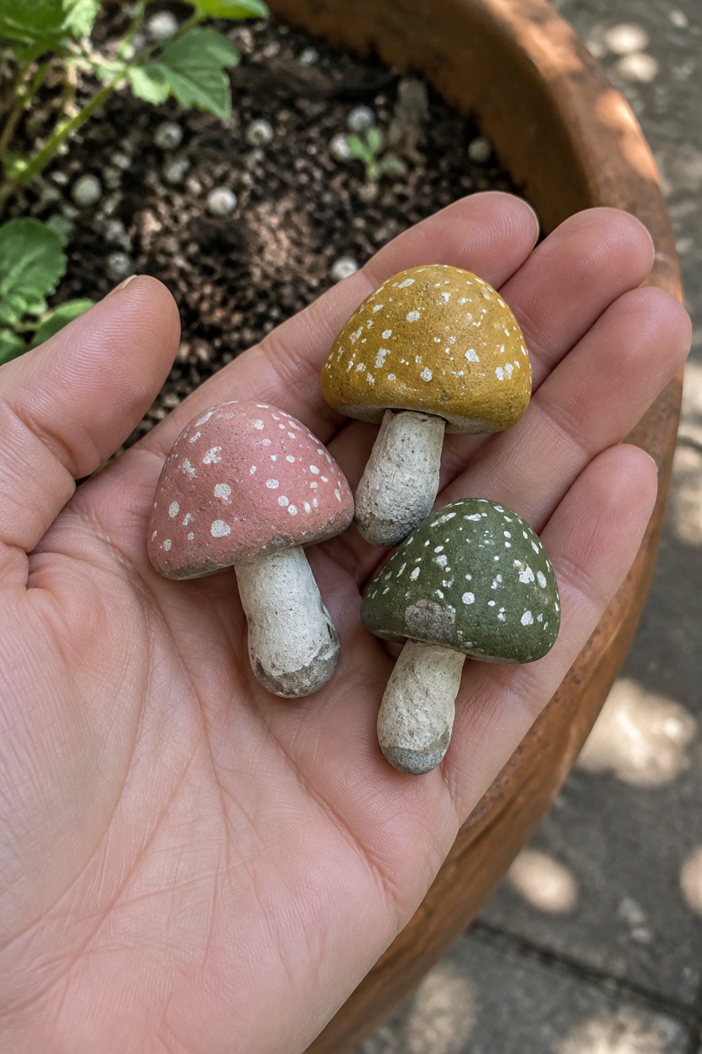 Hand holding three painted stone mushrooms in pink, yellow, and green with white spots.