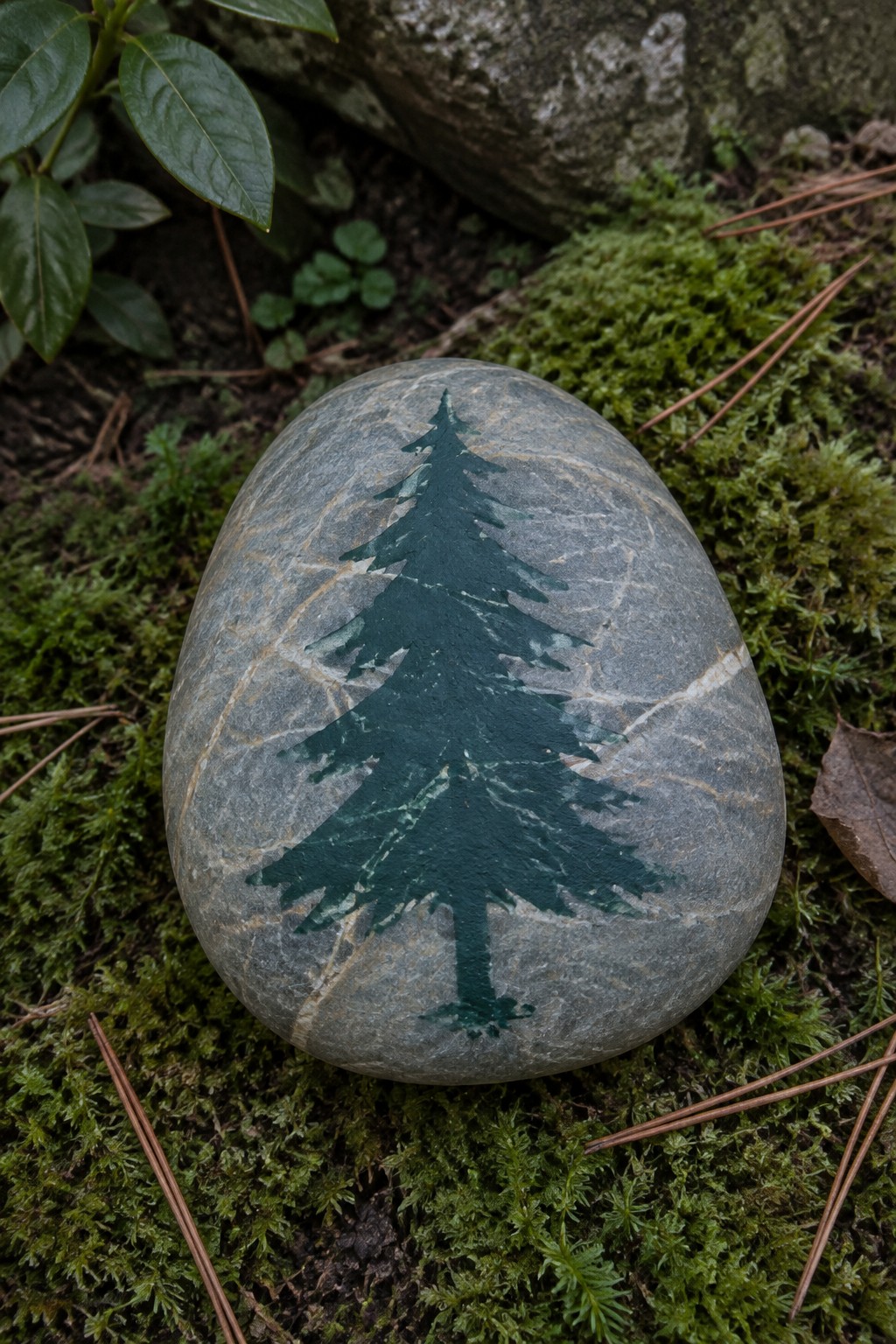 A gray oval river rock with a dark green painted pine tree rests on green moss among leaves and pine needles.
