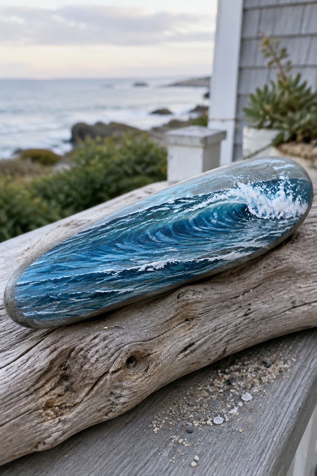 Painted stone with blue ocean wave on weathered driftwood by the sea