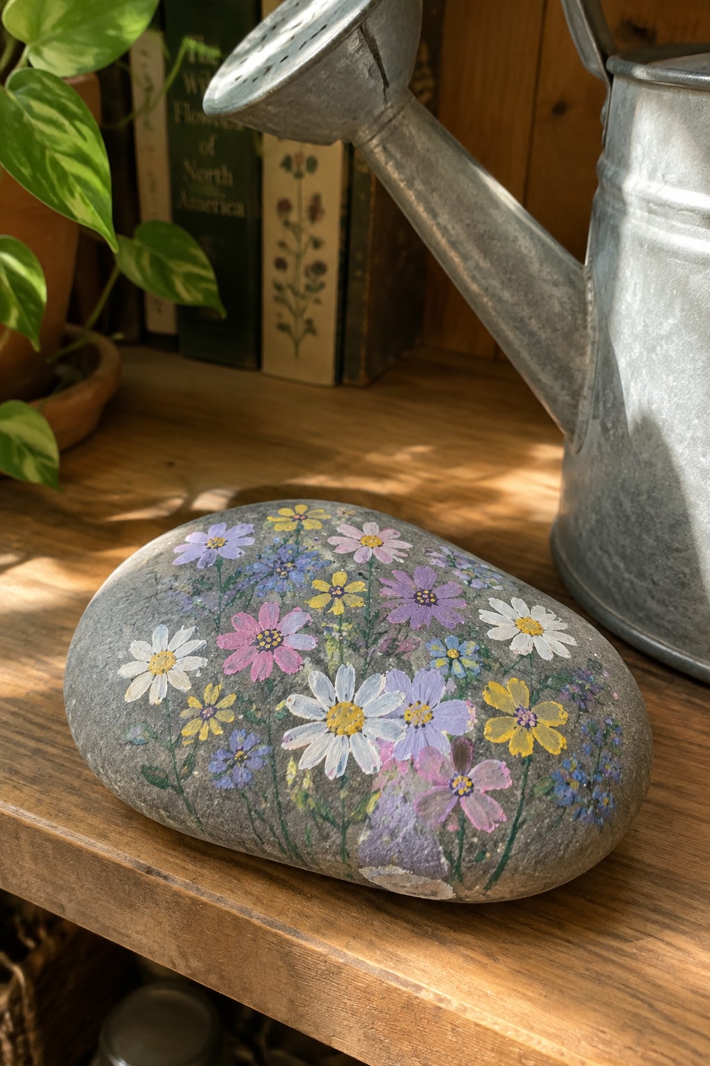 Painted gray stone with colorful daisies and wildflowers beside metal watering can on wood