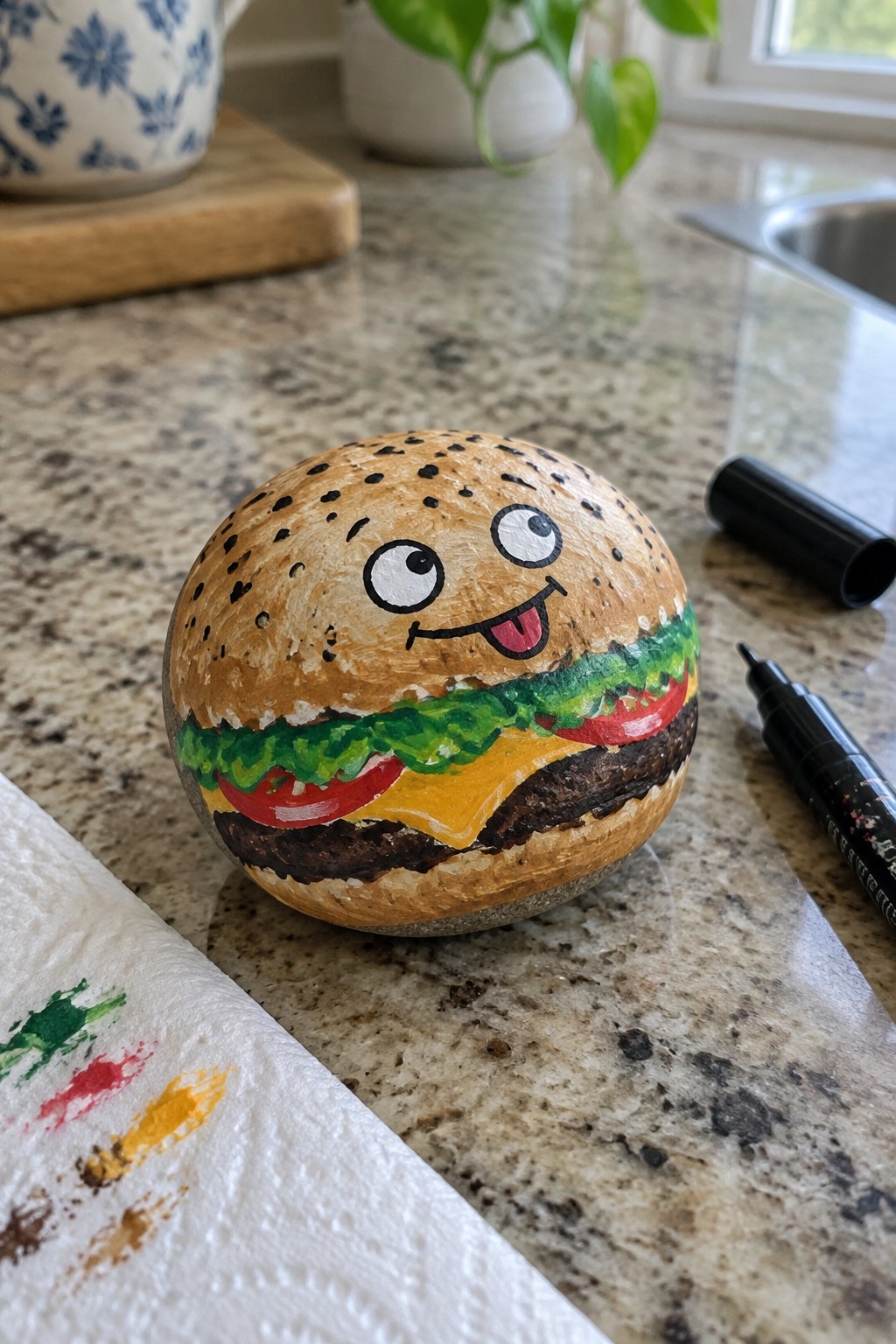 Painted rock as smiling cartoon hamburger with lettuce, cheese on kitchen counter
