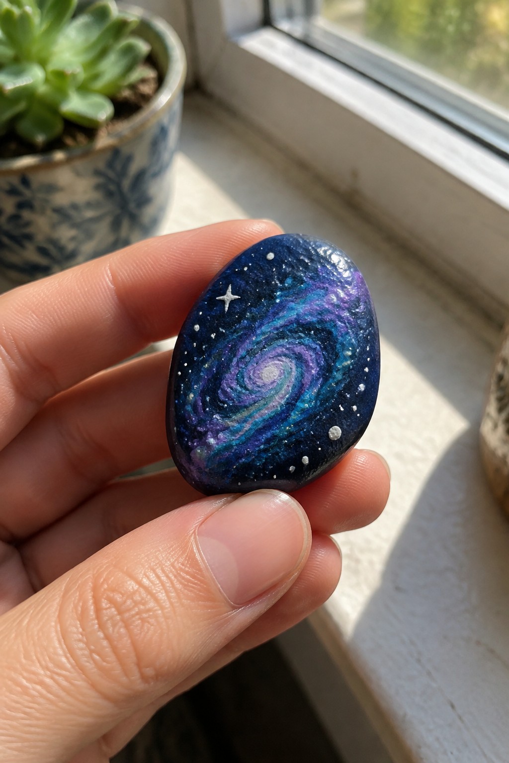 Hand holding oval stone painted as swirling blue-purple galaxy with stars.