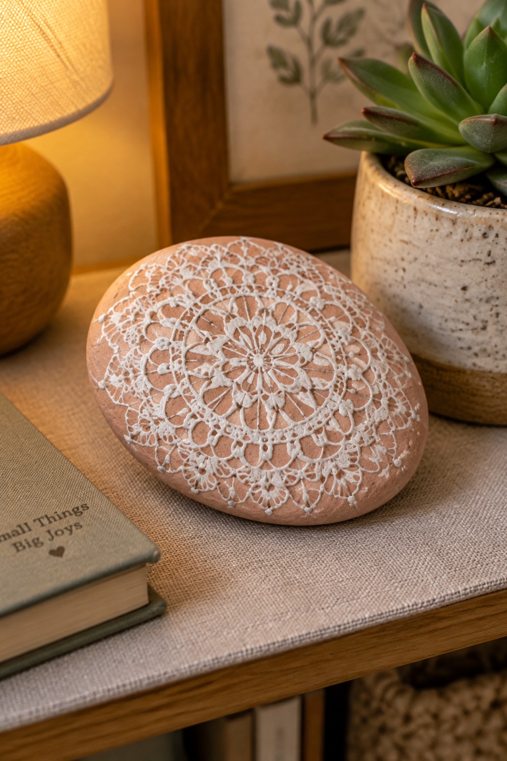 Terracotta stone with white mandala pattern beside book and potted succulent on table