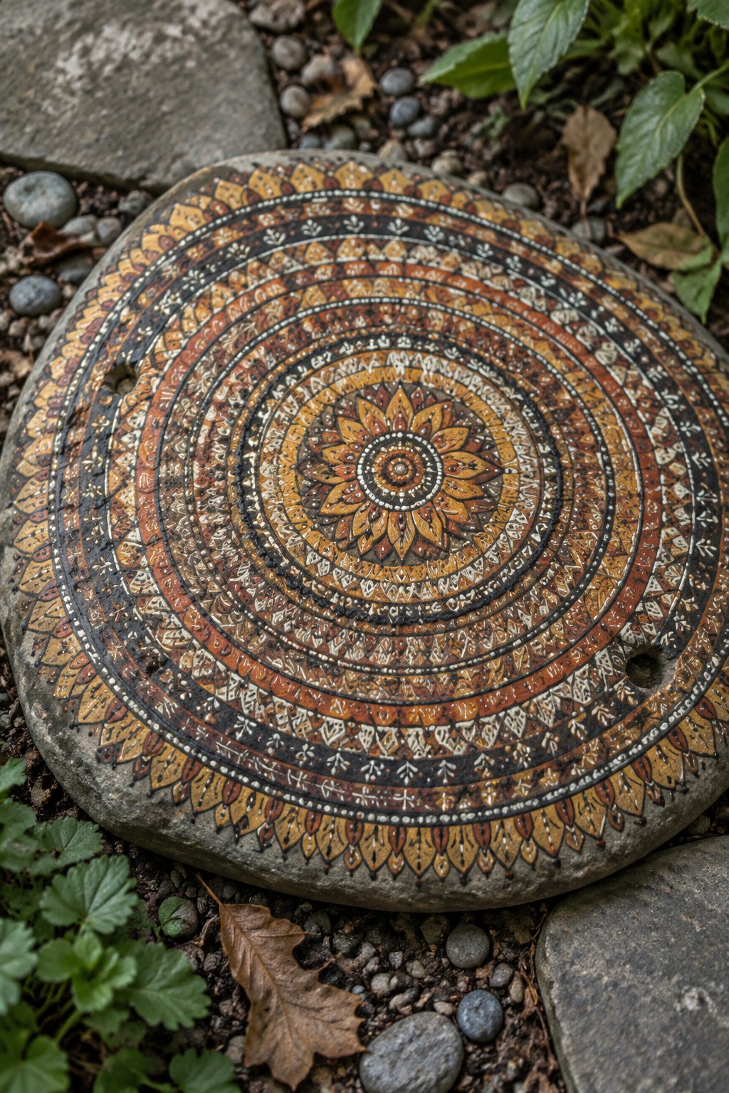 Round stone with intricate concentric mandala patterns in orange and brown earth tones