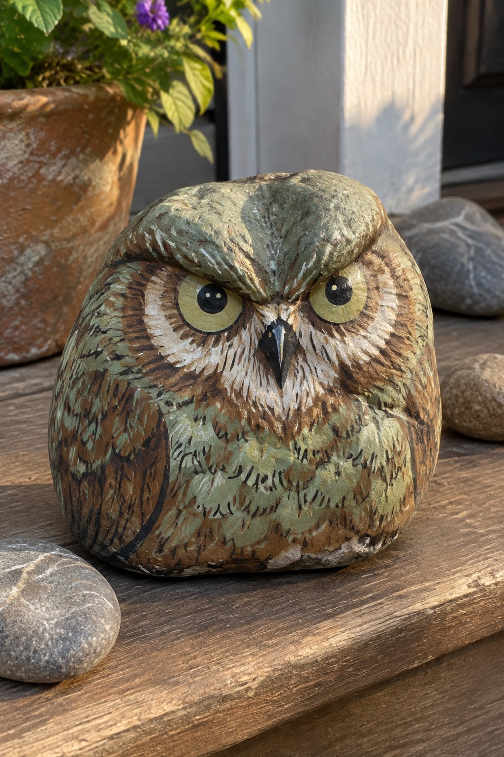 Painted rock shaped as owl with yellow eyes, brown-green feathers on wooden surface