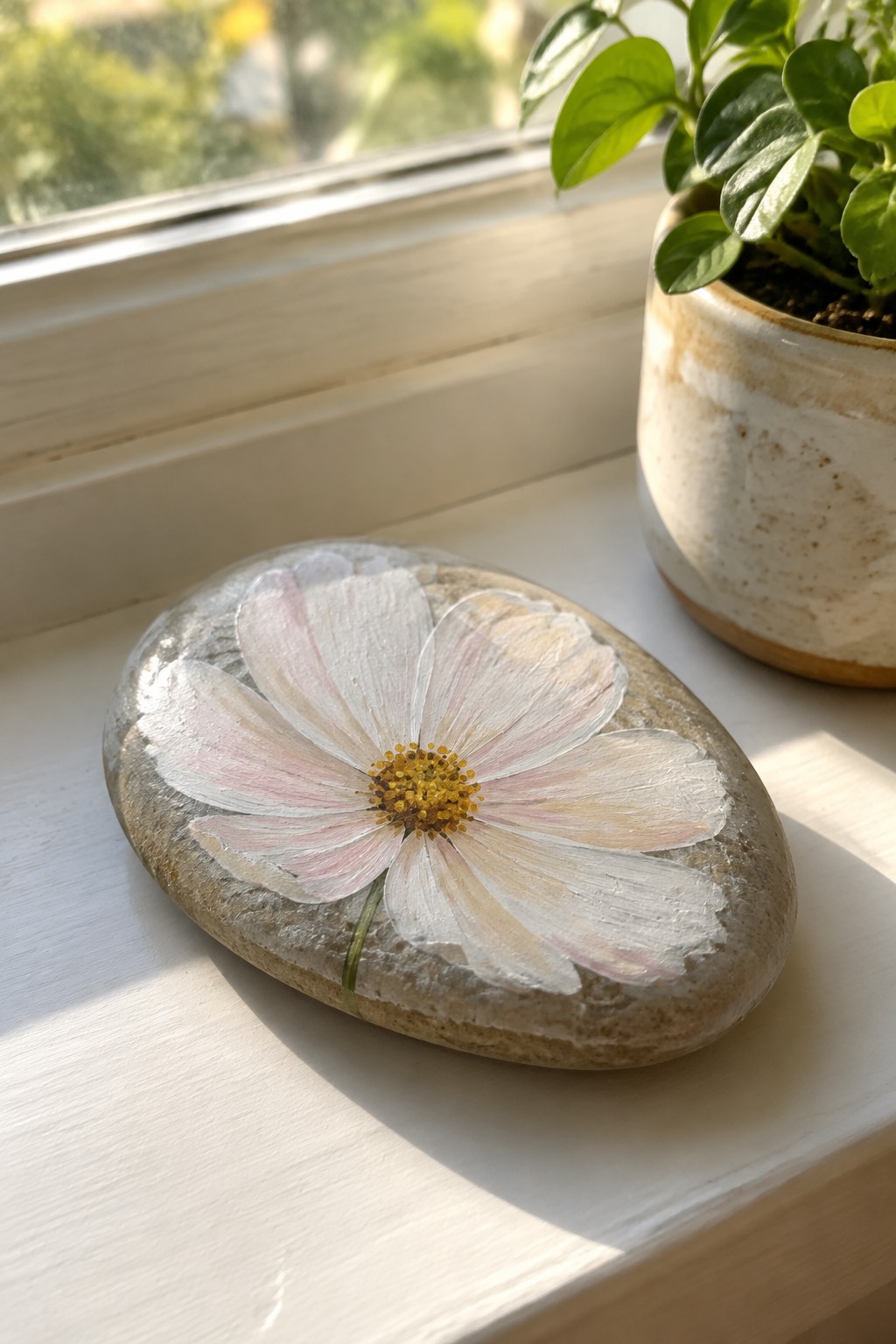 Painted stone with white-pink flower on sunny windowsill beside potted plant