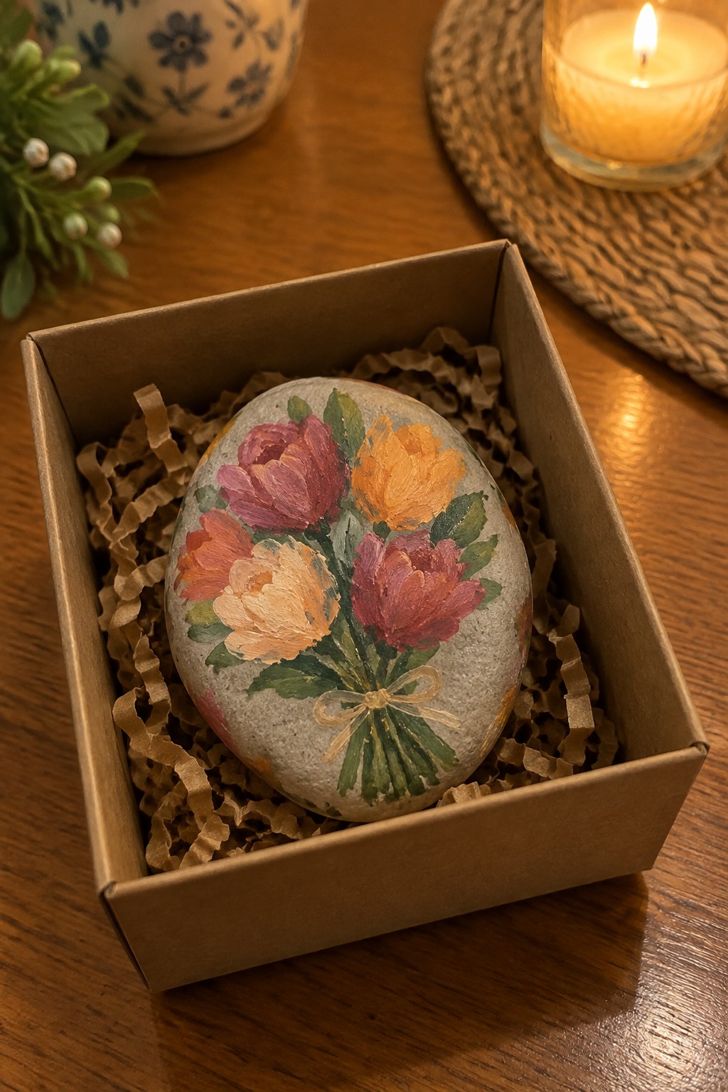 Painted rock with colorful flowers in shredded paper inside cardboard gift box
