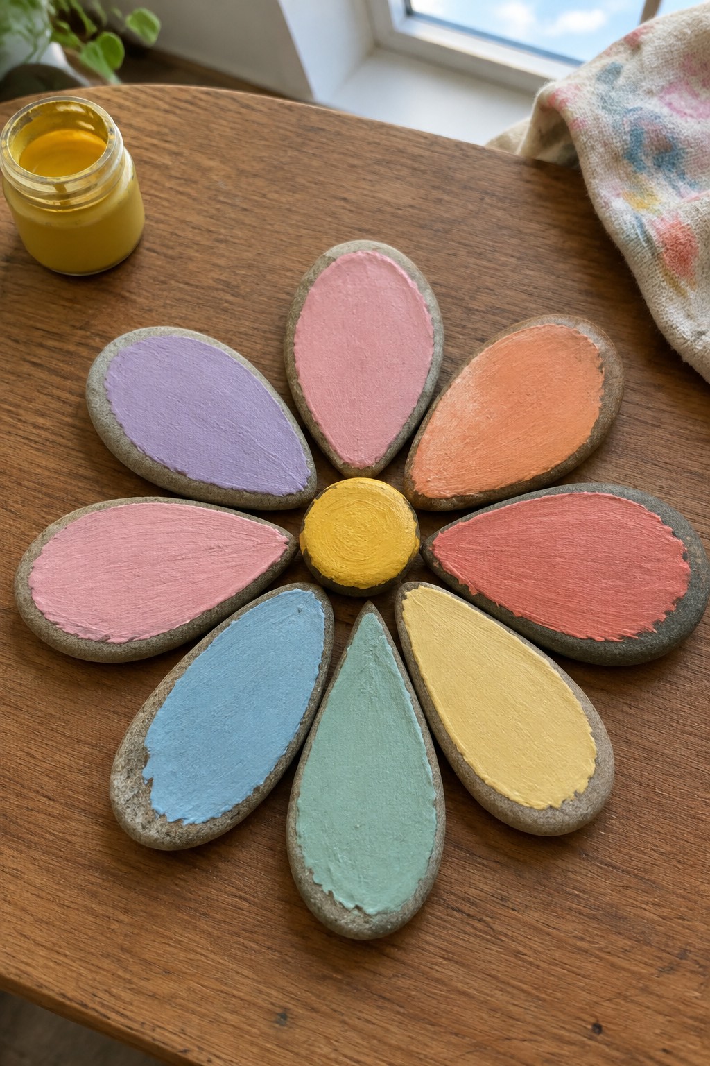 Pastel painted rocks arranged as a flower on a wooden table with yellow paint jar