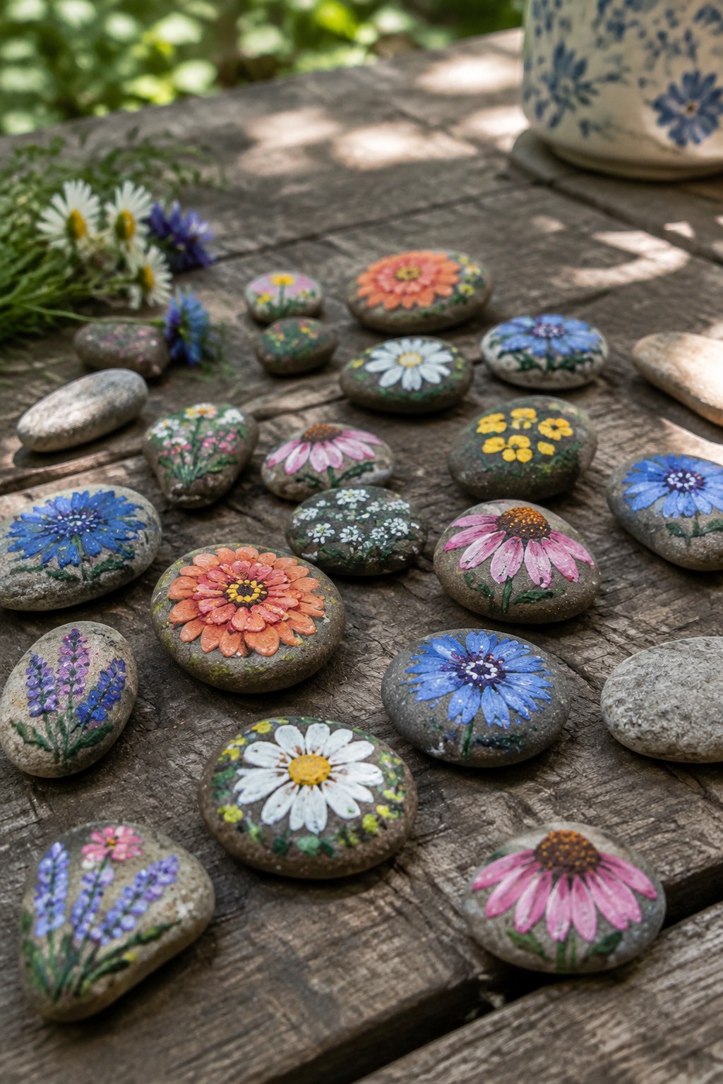 Painted rocks with colorful flowers scattered across a rustic wooden table.