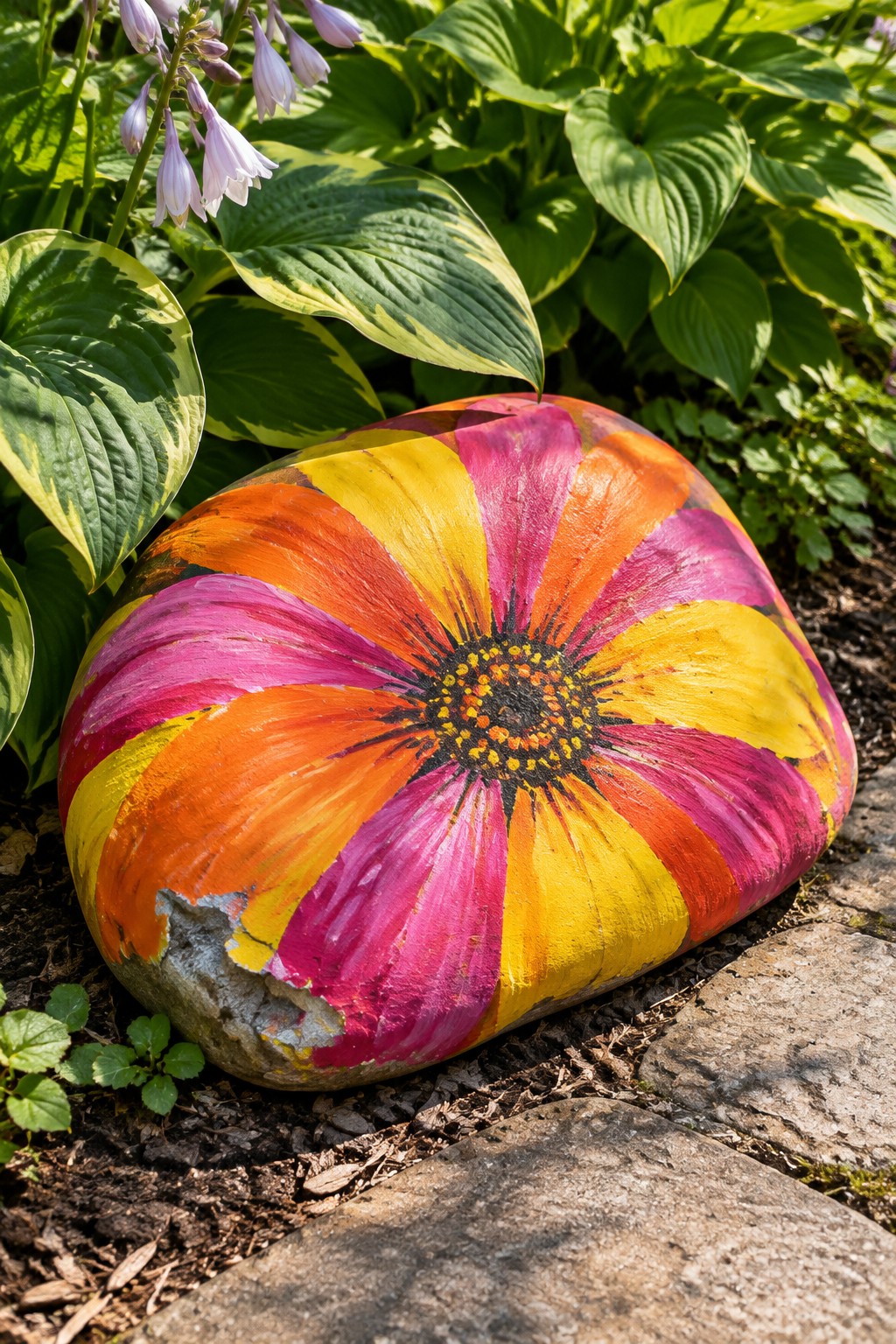 A large rounded rock painted with a colorful radiating flower design rests on soil beside green hosta plants and stone pavers.