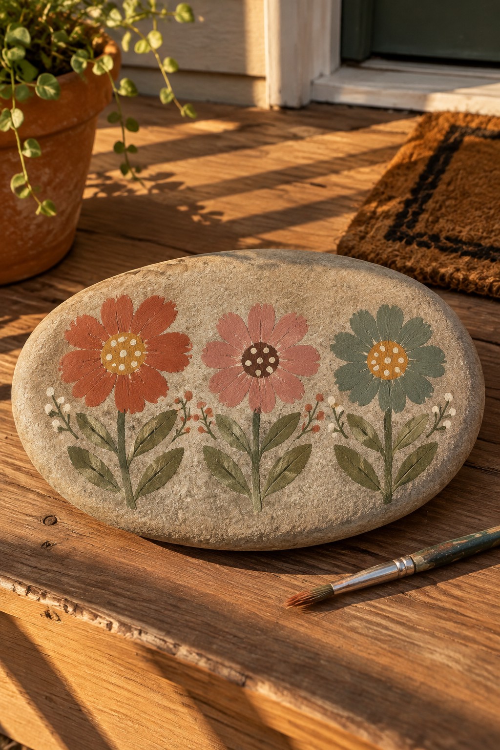 Painted stone with red, pink, and green flowers beside paintbrush on wood