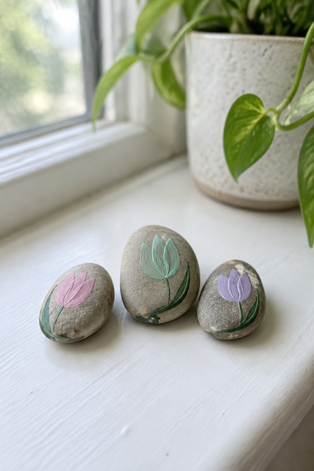 Three rocks painted with pink, green, and purple tulips on white windowsill