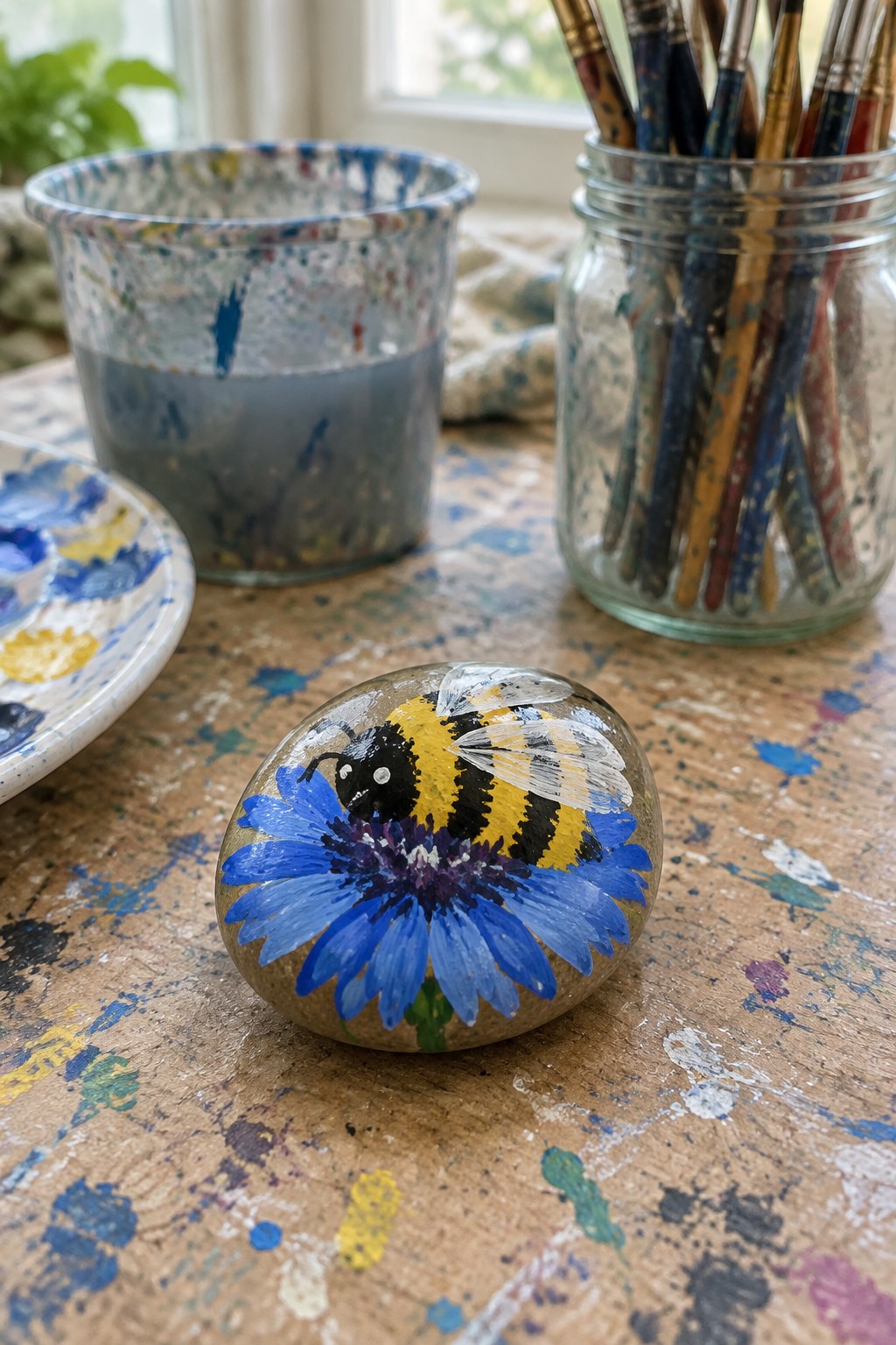Painted rock with bumblebee on blue flower amid paint-splattered art supplies