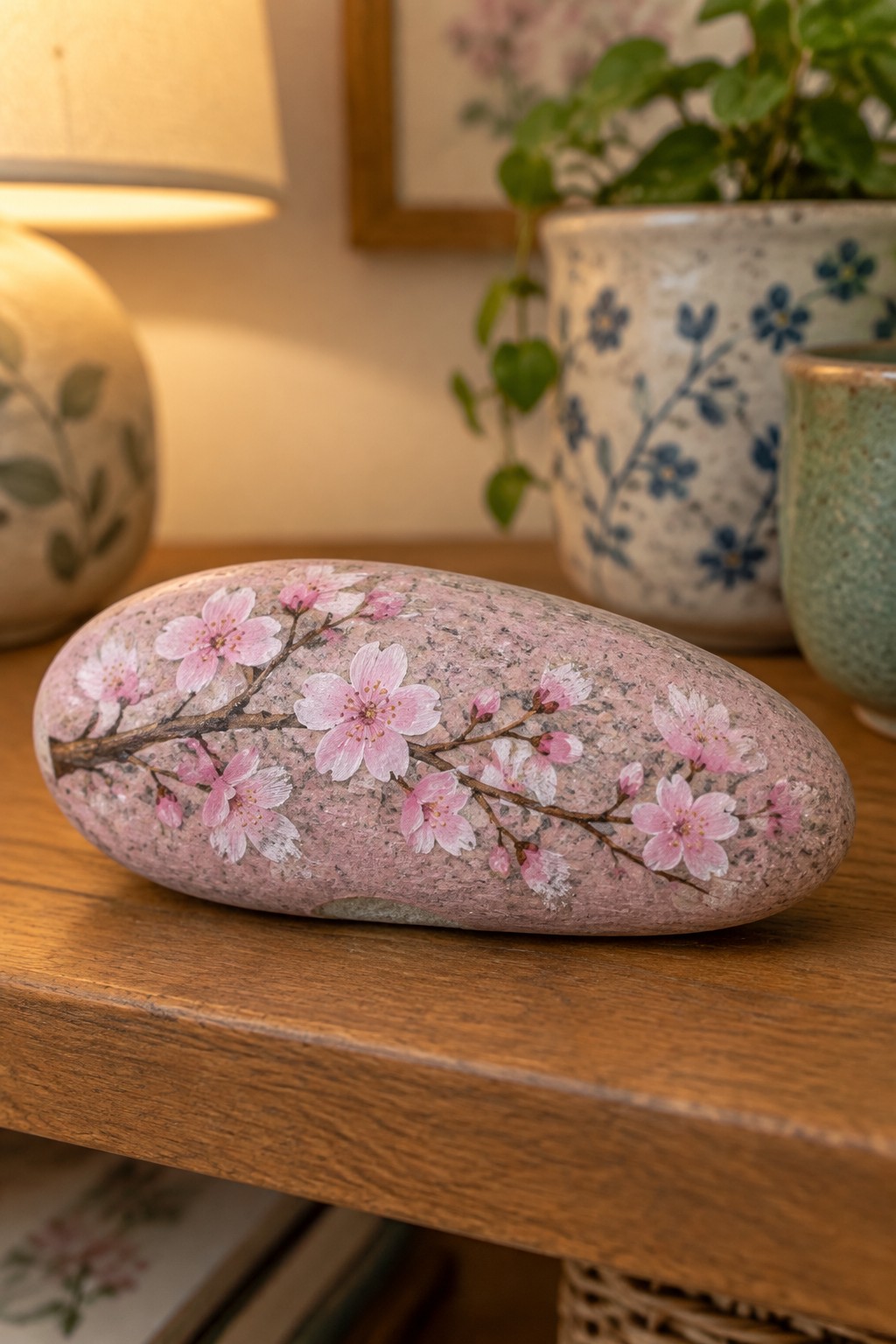 Pink speckled stone painted with cherry blossom branches on wooden table