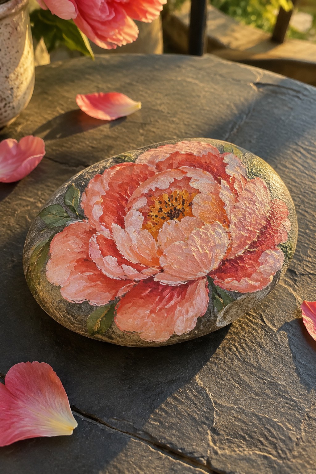 Painted stone with vibrant pink peony flower on dark slate table amid scattered petals