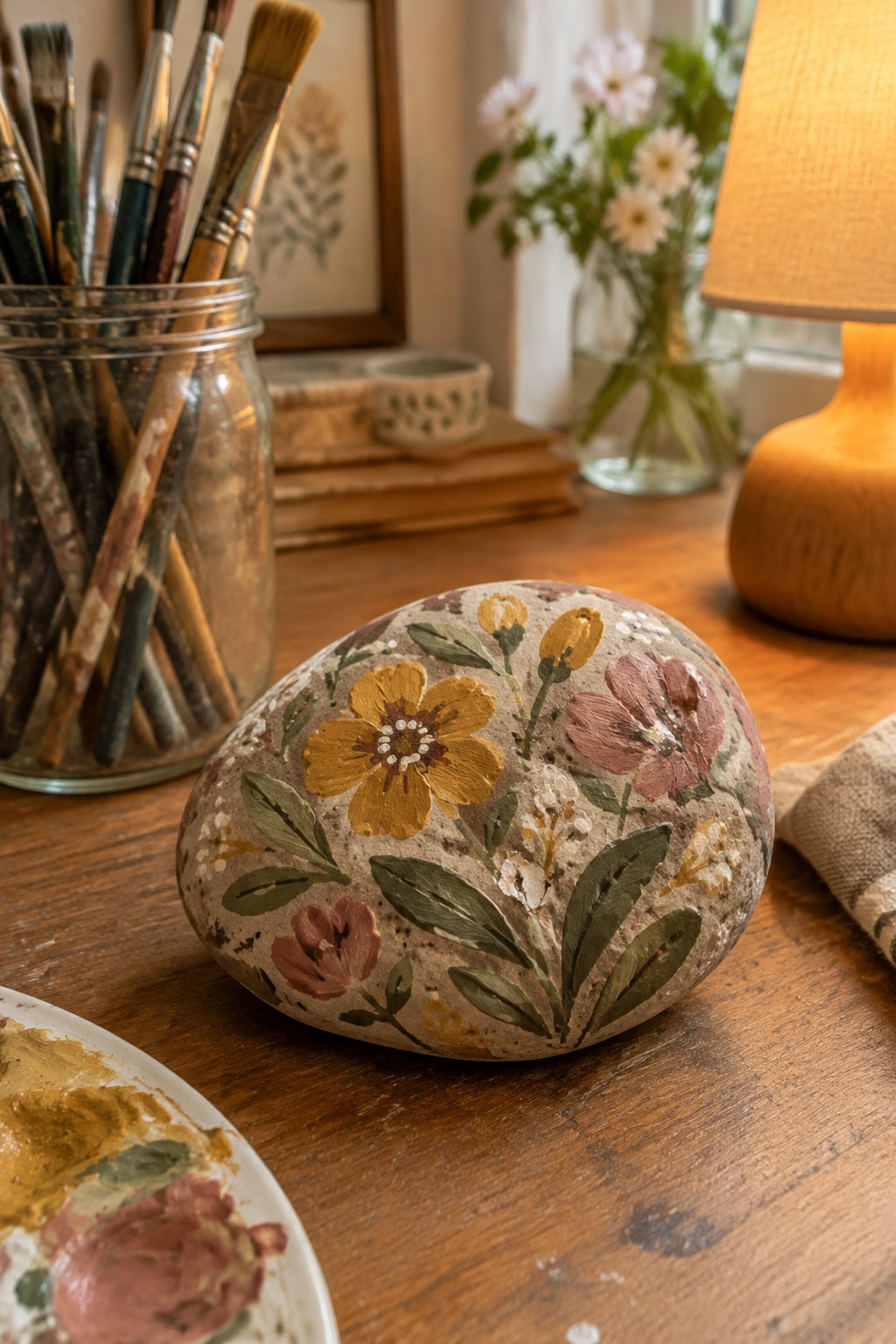 Painted stone with yellow and pink flowers on wooden table amid art supplies.