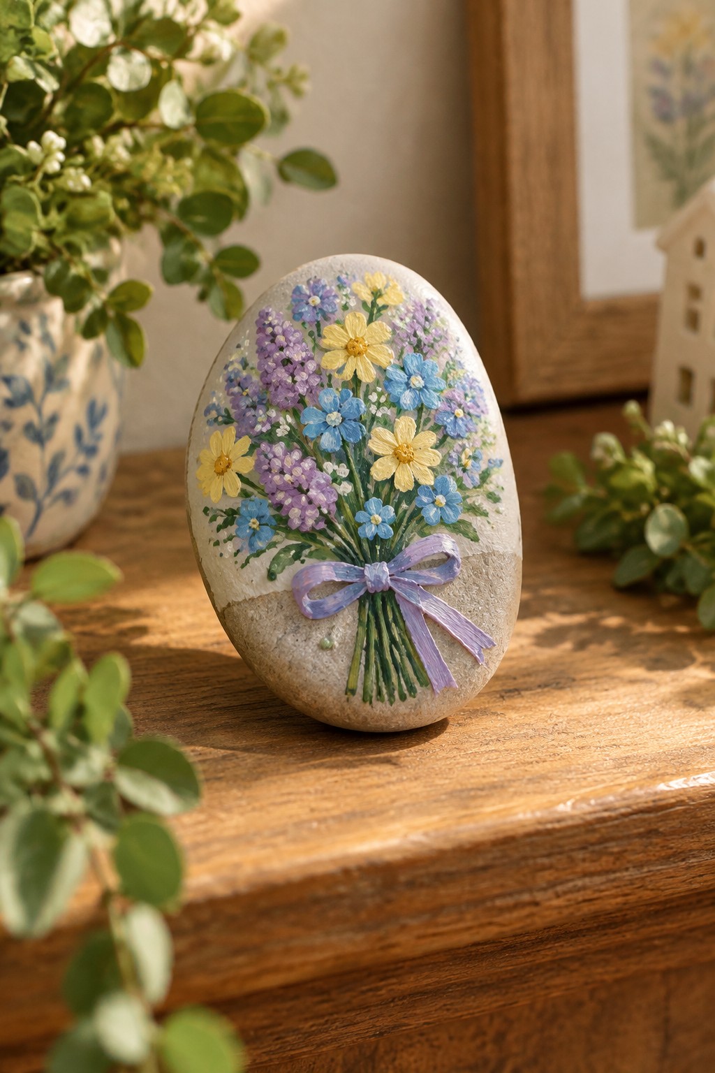 An oval stone painted with a bouquet of yellow, blue, and purple flowers tied with a purple bow sits on a wooden surface.