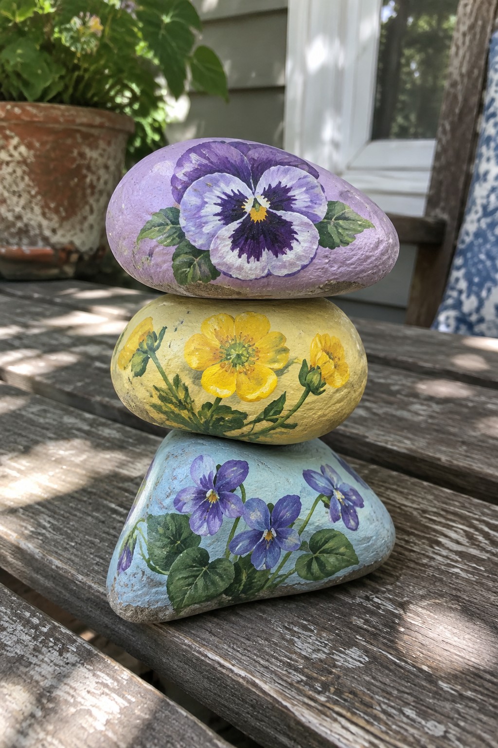Three stacked rocks painted with purple pansy, yellow flowers, and blue violets