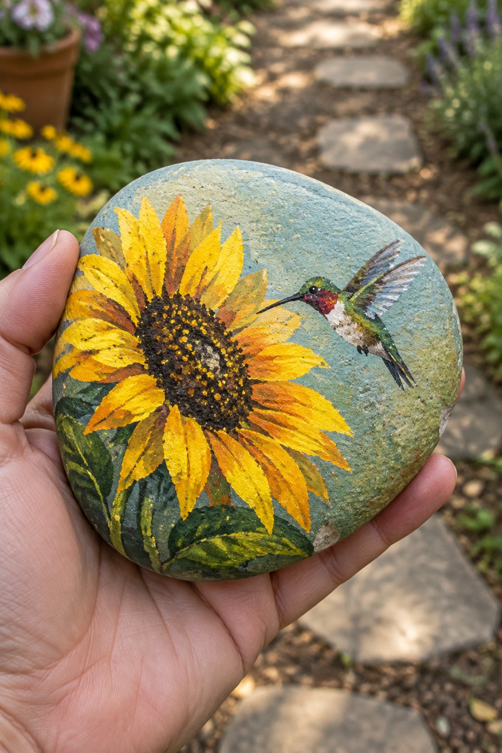 Hand holding painted rock with yellow sunflower and hovering multicolored hummingbird in garden