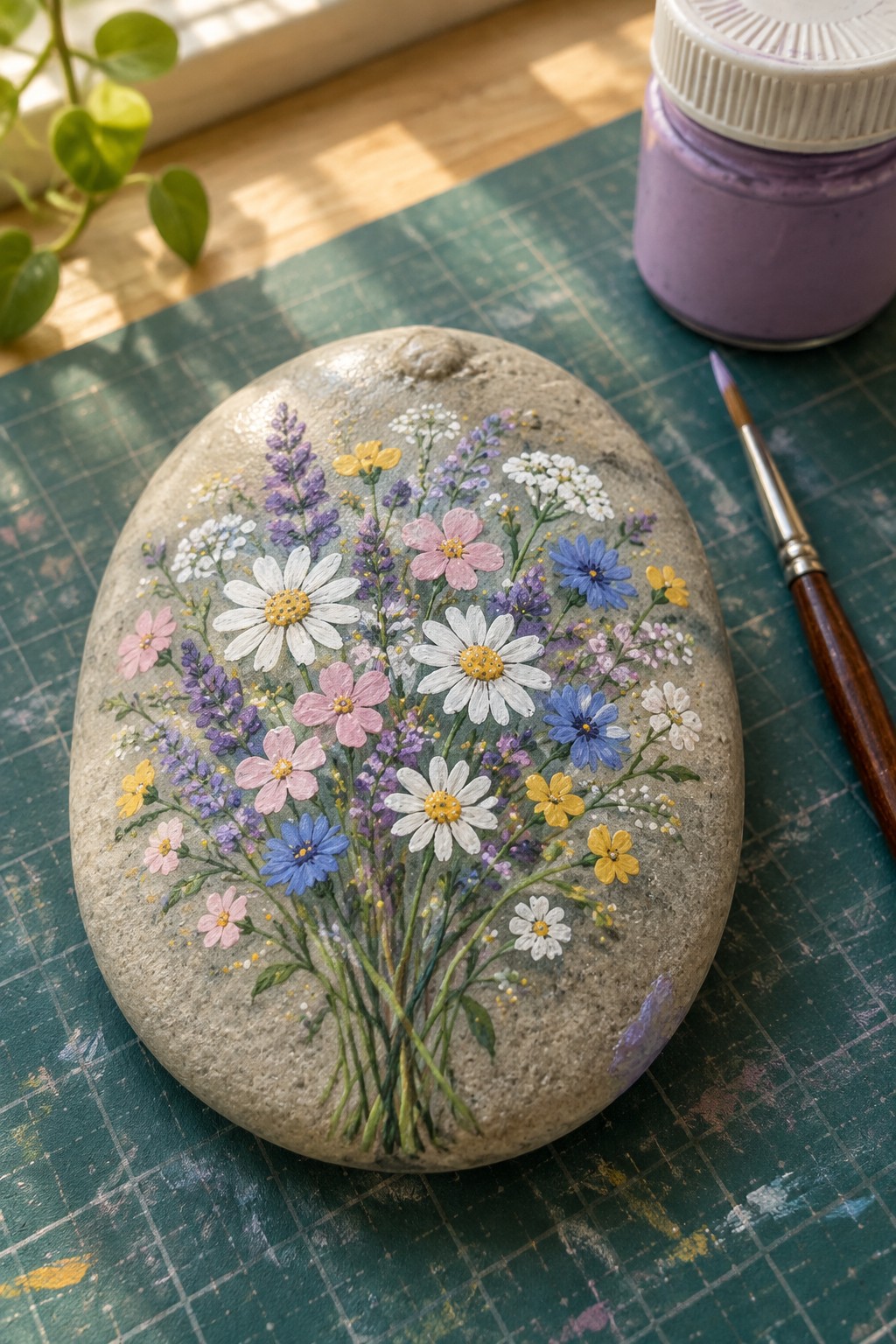 Painted oval rock with colorful wildflowers on green mat near purple jar and brush