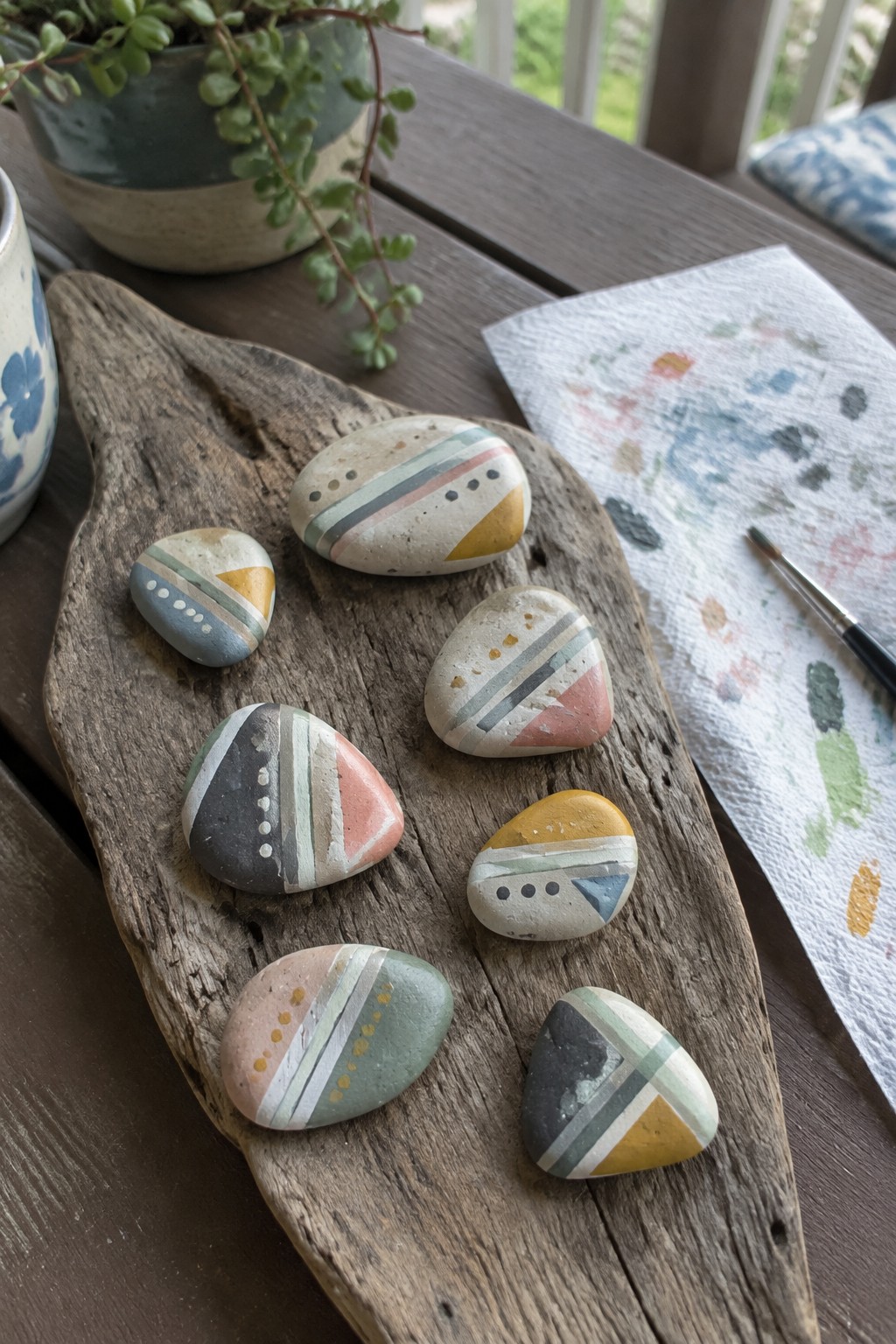 Painted rocks with geometric patterns in pastel hues on rustic wooden board.