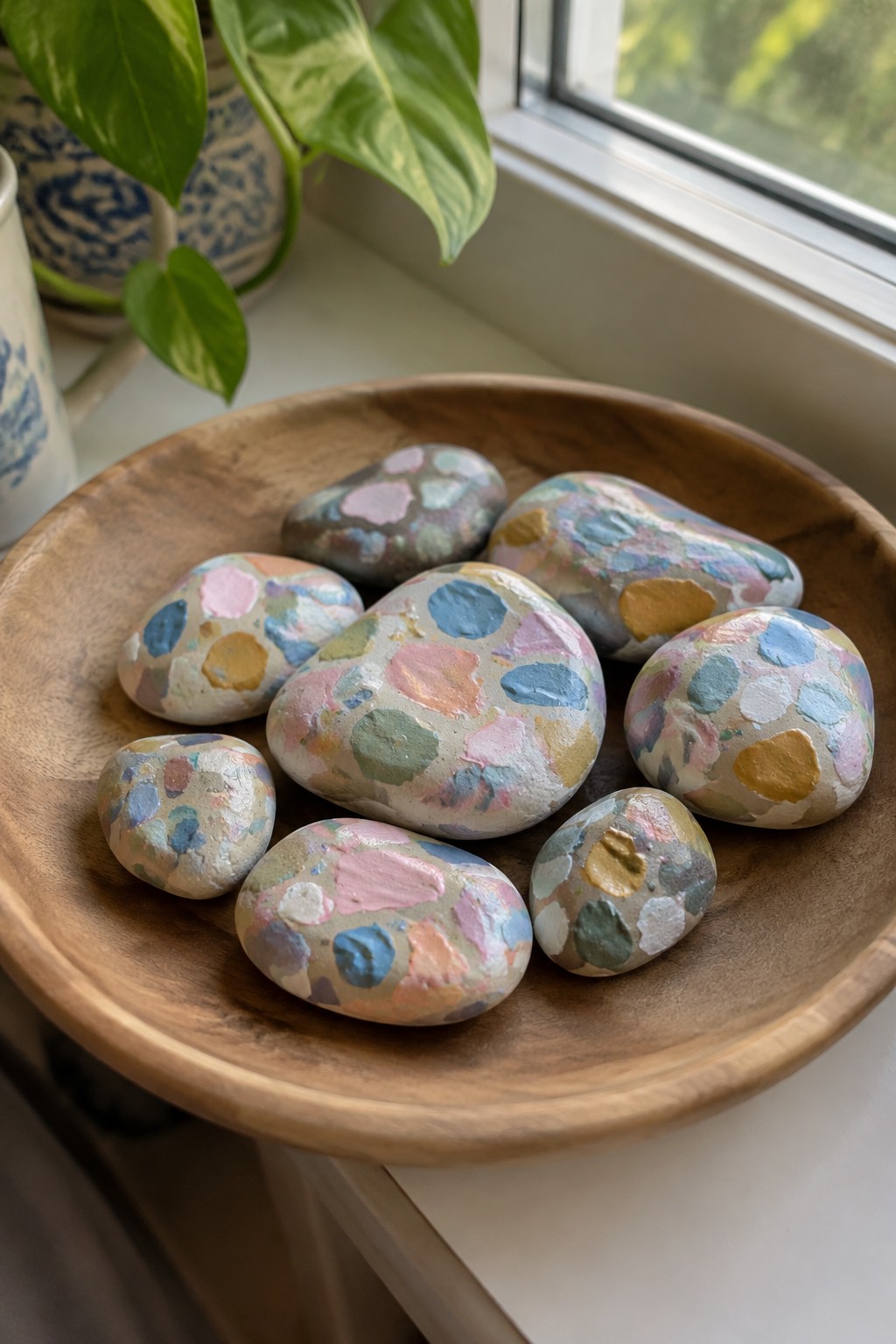 Colorful painted rocks with pastel spots in a wooden bowl by a window