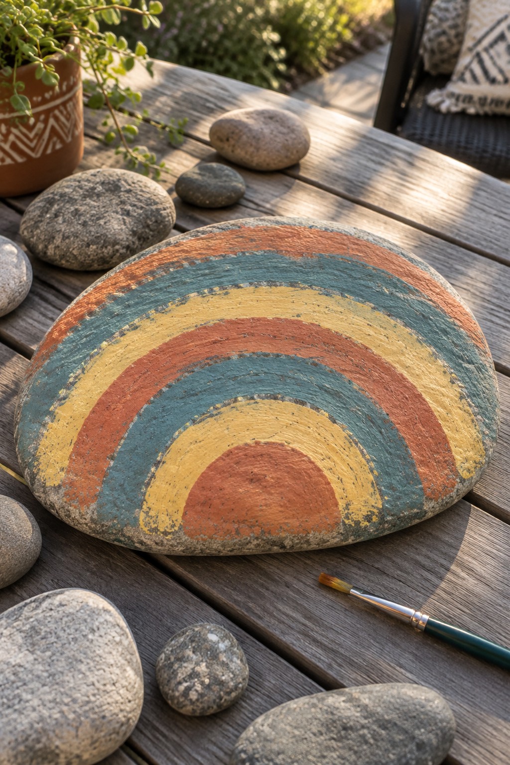 Colorful rainbow painted on large stone amid plain rocks on wooden table