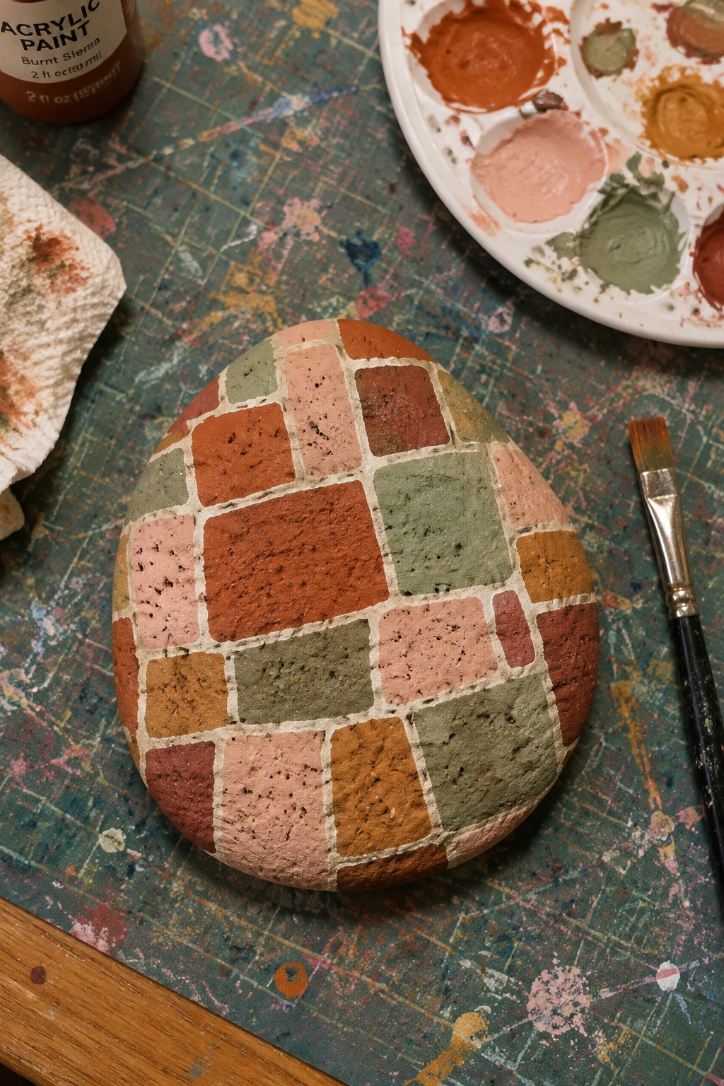 Painted rock with brick-like pattern in earth tones beside palette, brush, and paint tube