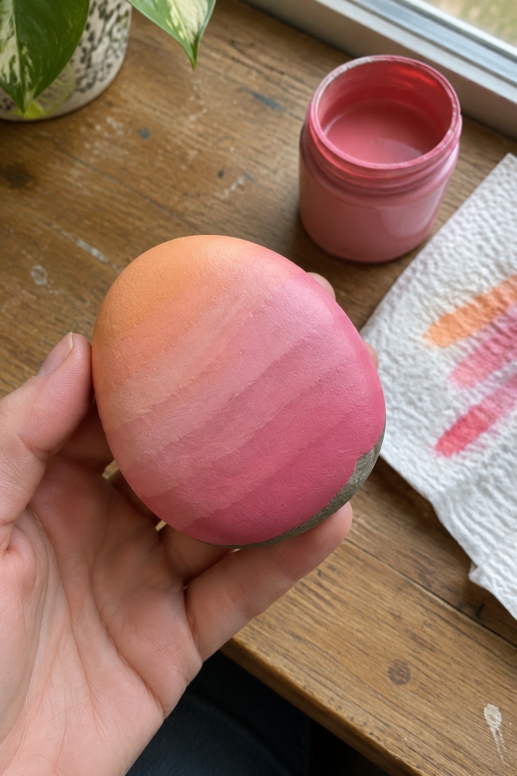 Hand holding orange-to-pink gradient painted stone beside open paint jar and swatches