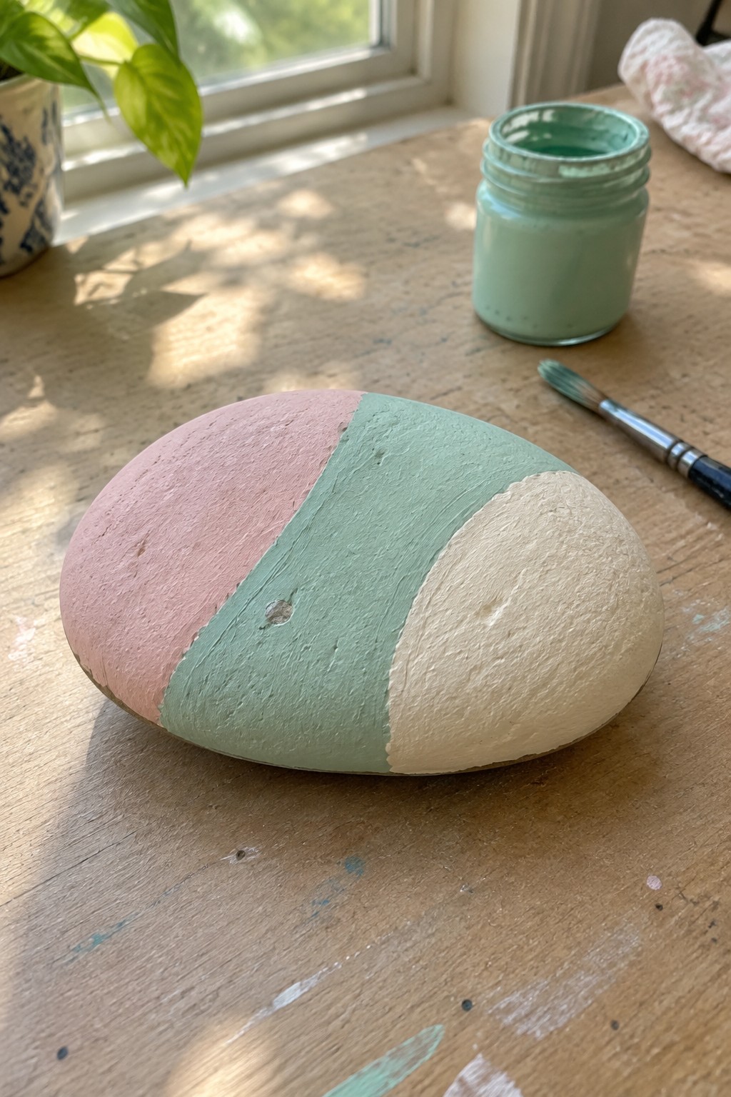 Tri-color painted rock in pink, mint green, and cream beside paint jar and brush