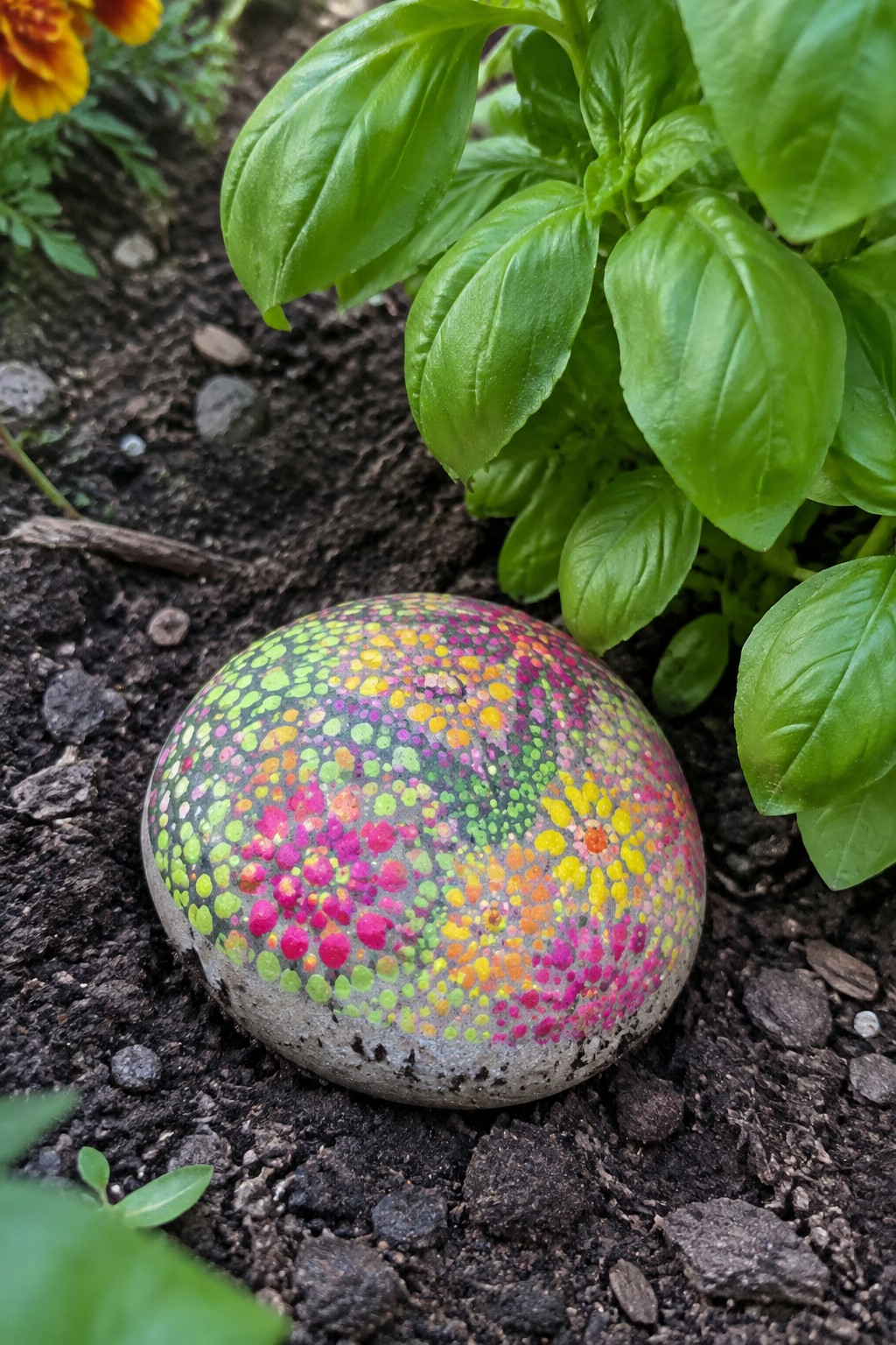 A round gray stone covered in multicolored dots rests on dark soil next to green basil leaves.