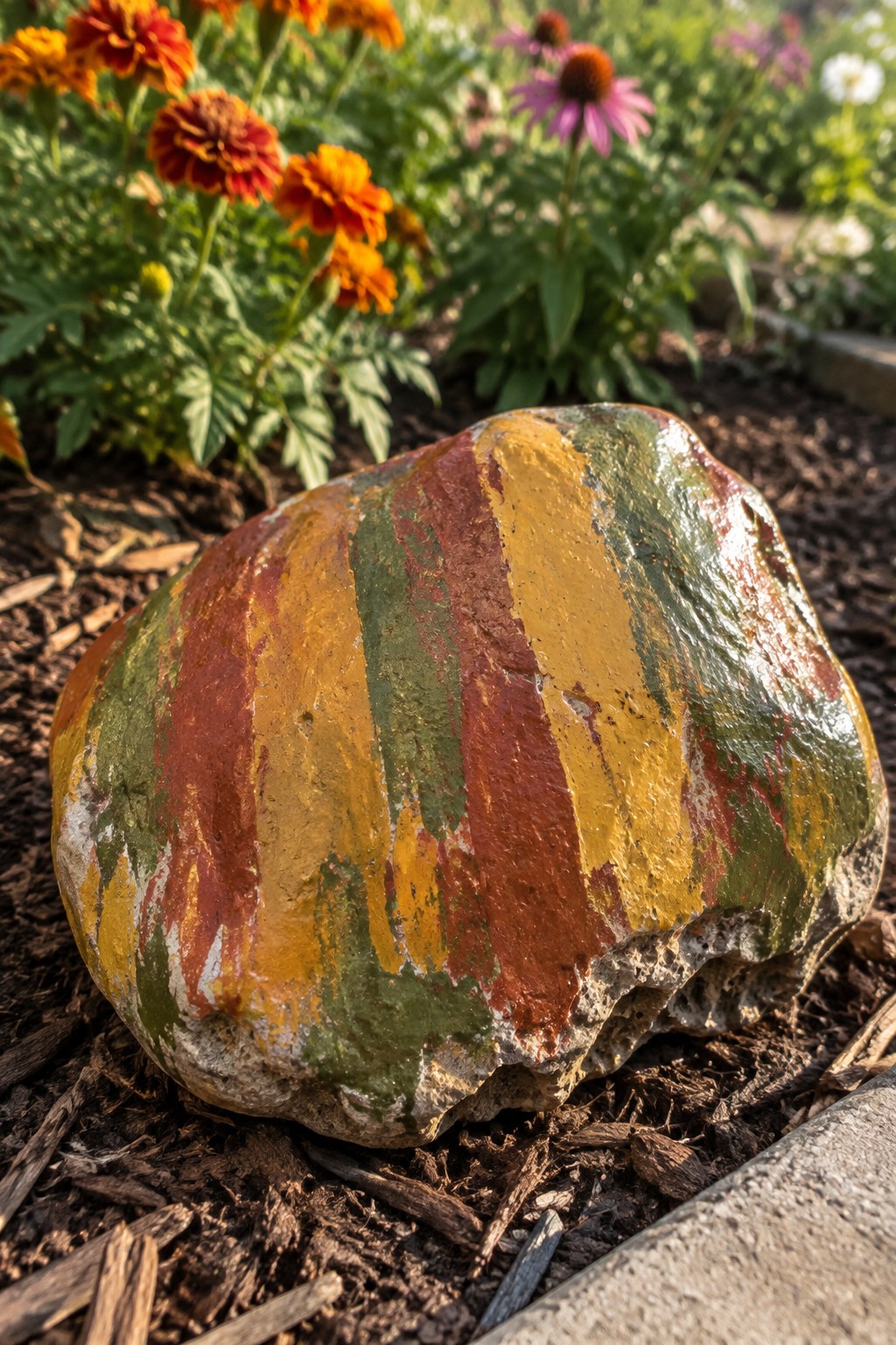 Painted rock with red, yellow, and green stripes rests in garden mulch.