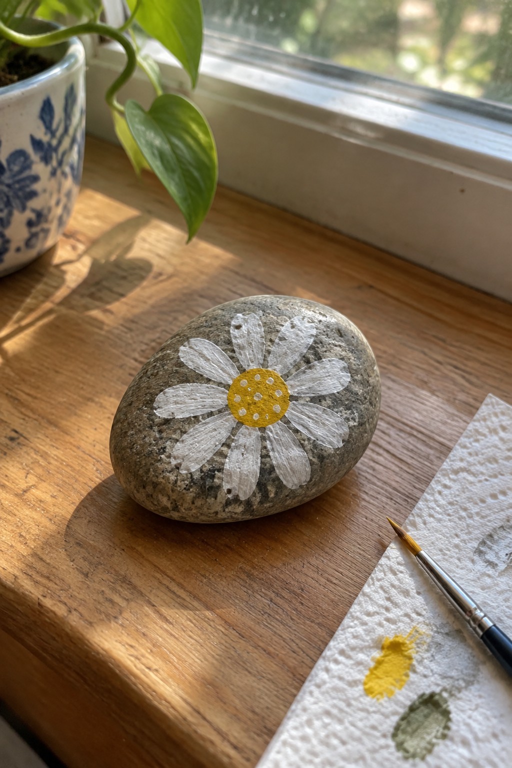 Painted gray stone with white daisy and yellow center on sunny wooden windowsill