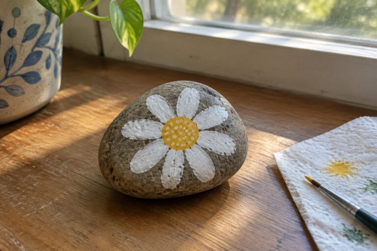19 Cute Flower Painted Rocks Inspired by Folk Art Painted gray stone with white daisy and yellow center on sunny wooden windowsill