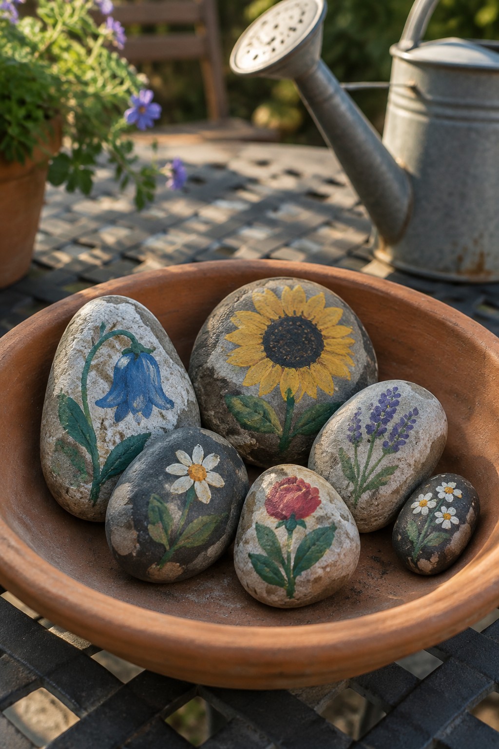 Flower-painted stones in a terracotta bowl beside a metal watering can on a table