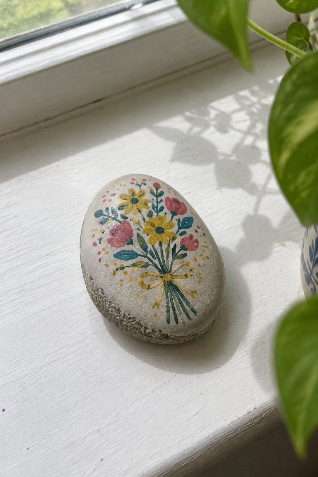 An oval stone painted with a folk art bouquet of yellow and pink flowers tied by a yellow bow sits on a white windowsill beside a green plant.