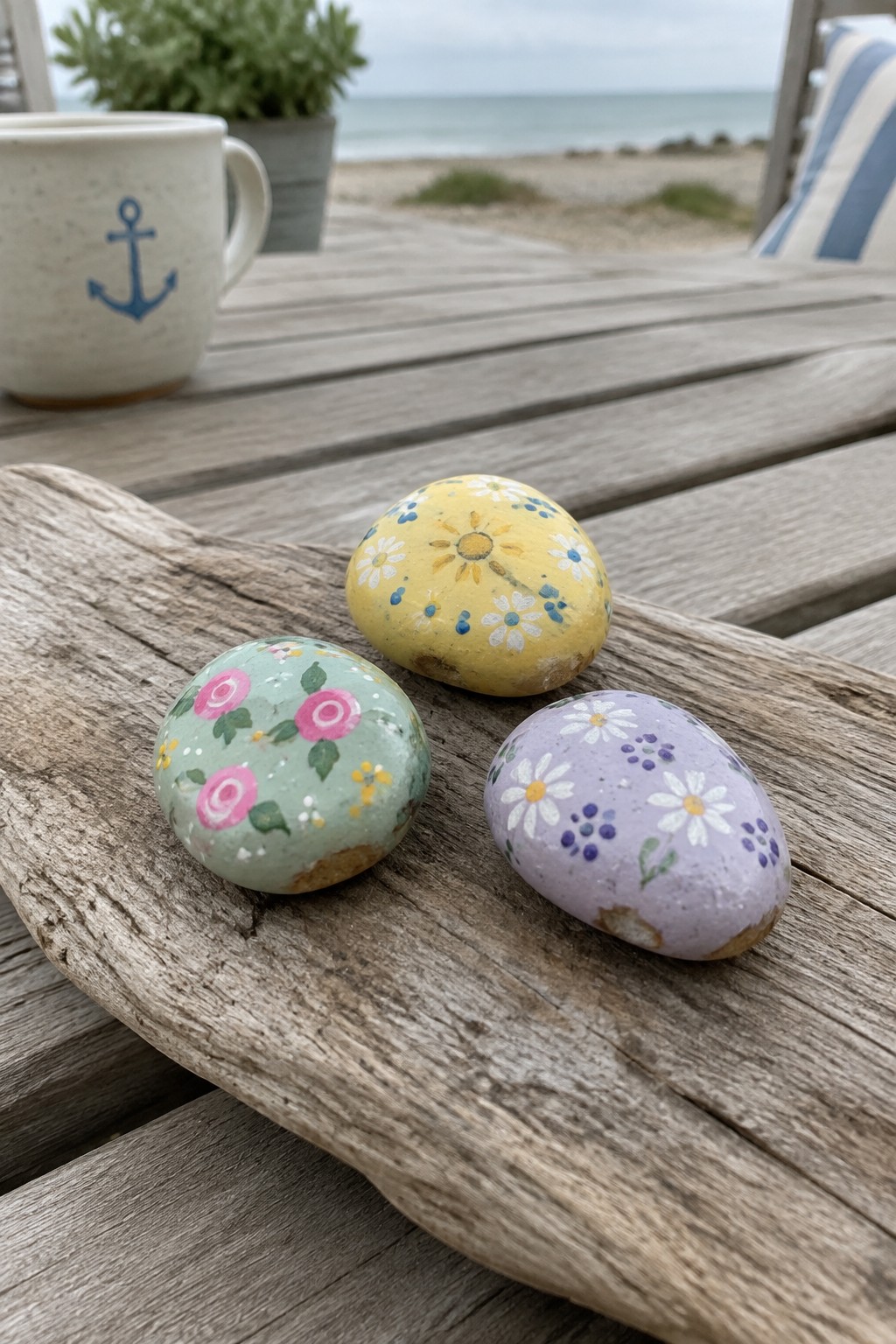 Three floral-painted rocks in yellow, mint, and lavender on weathered wood