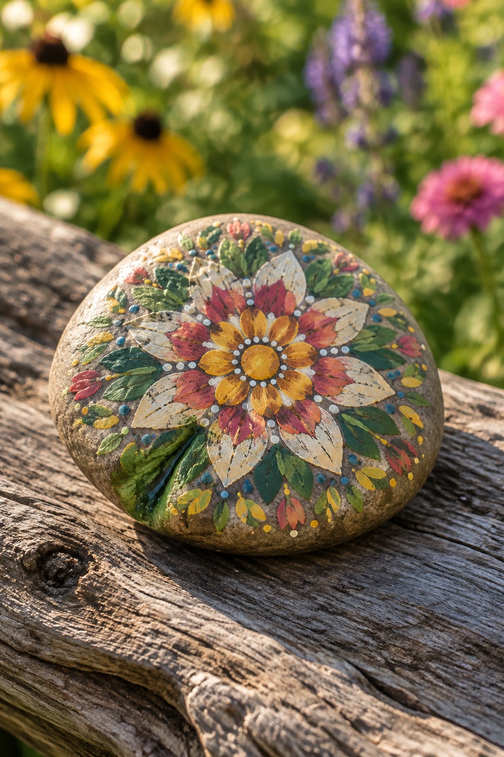 Colorful floral mandala painted on round stone resting on weathered wood