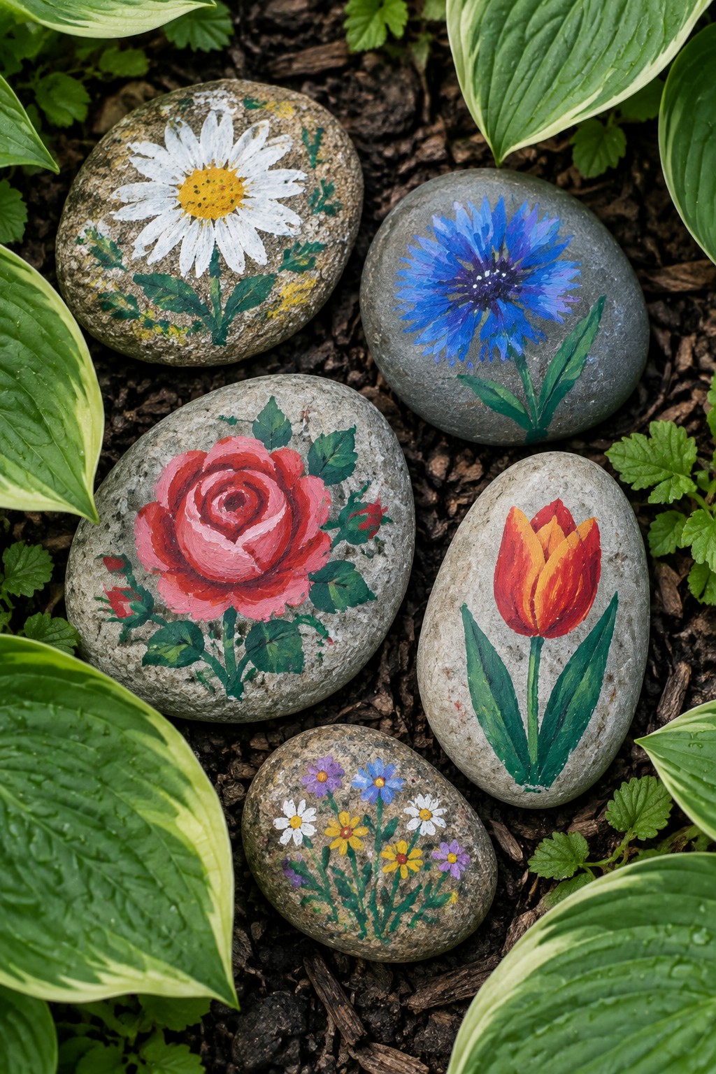 Painted rocks with daisy, rose, tulip and wildflowers on garden soil.