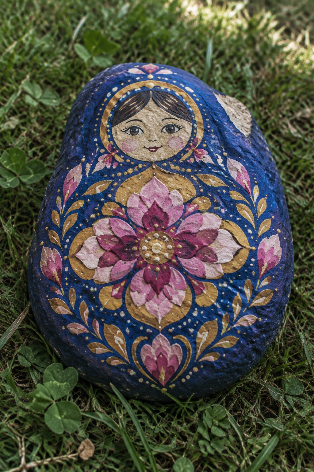 Blue rock painted with matryoshka doll face and pink floral patterns on grass