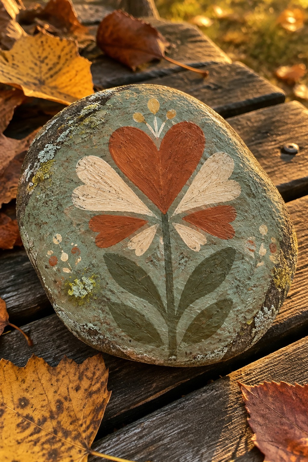 A rounded stone painted with a folk art flower of heart shapes in rust and cream on a green background sits among autumn leaves on wood.