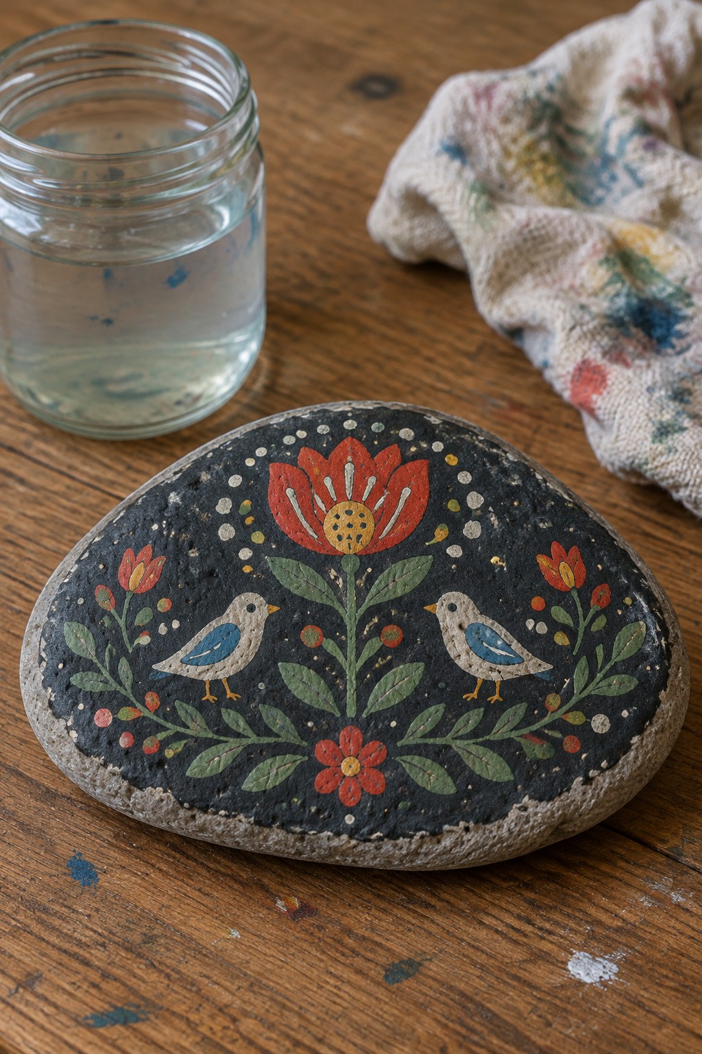 Painted rock with red flower, two blue birds, leaves beside glass jar on wood