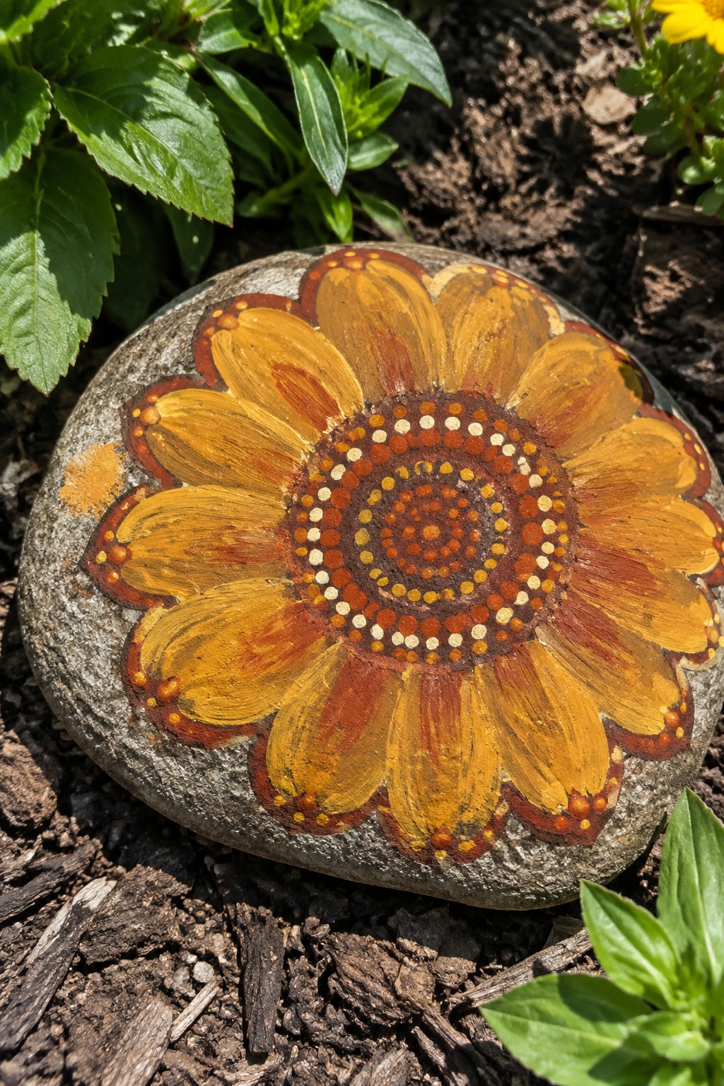 Painted stone with yellow sunflower petals and dotted brown-orange center on garden soil