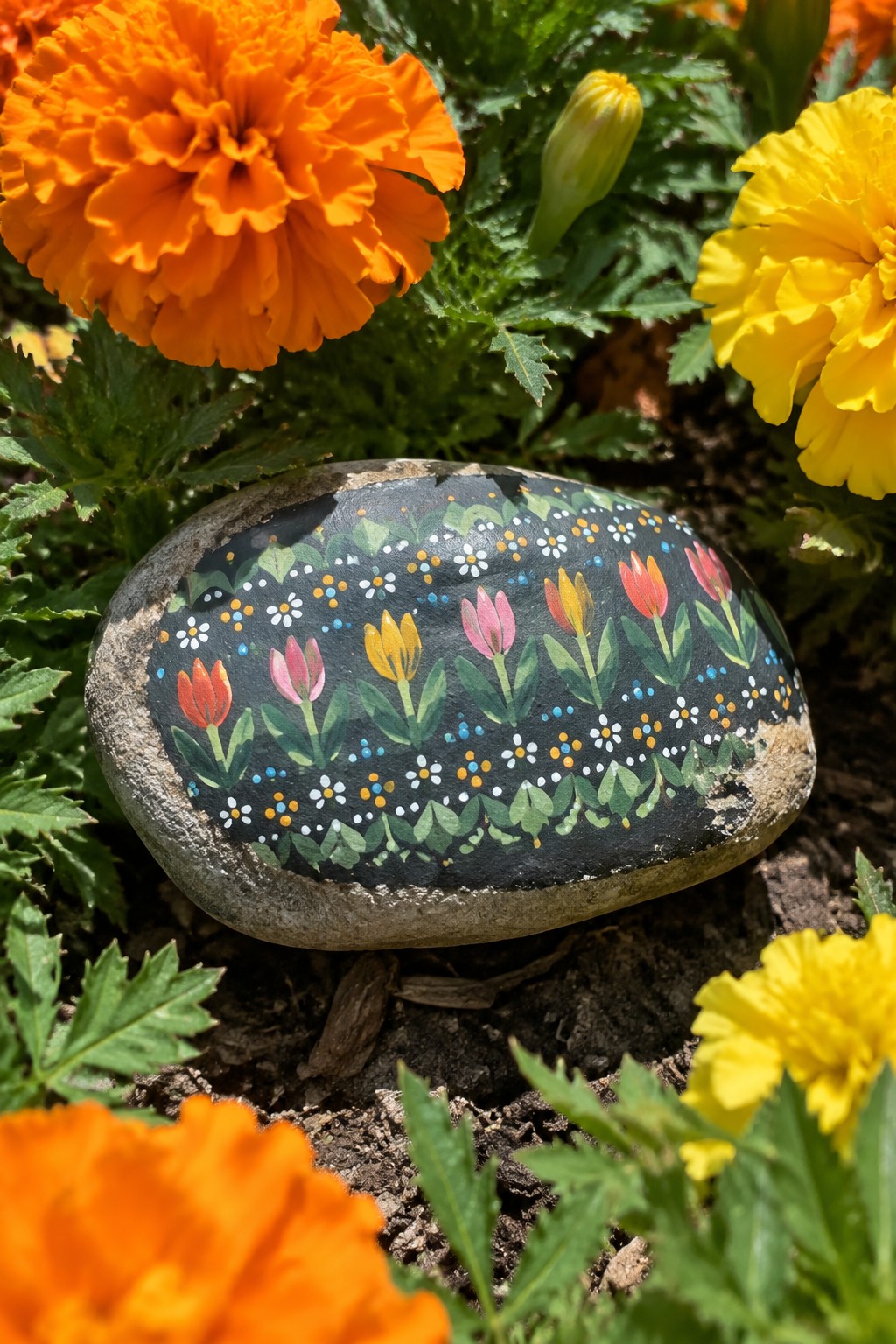 Painted rock with colorful tulips and daisies among orange yellow marigolds